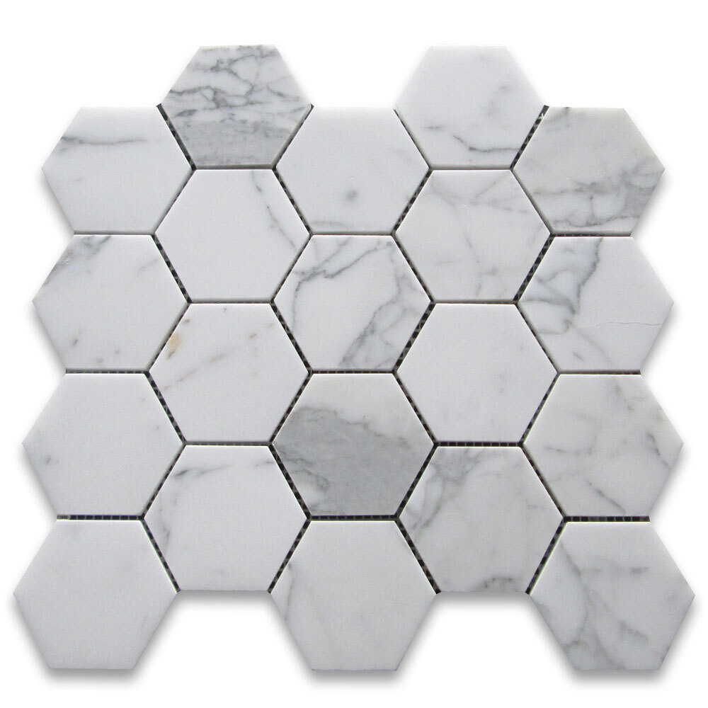 L33XH Statuary White Marble 3 inch Hexagon Mosaic Tile Honed