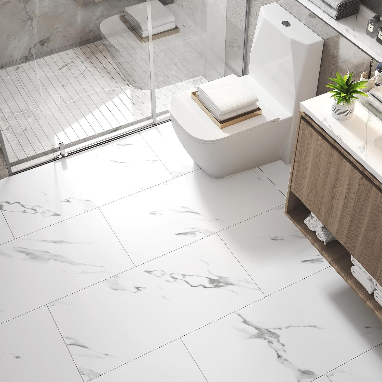 12″x24 Carrara Marble Peel and Stick Floor Tile White Floor Tiles Peel and Stick
