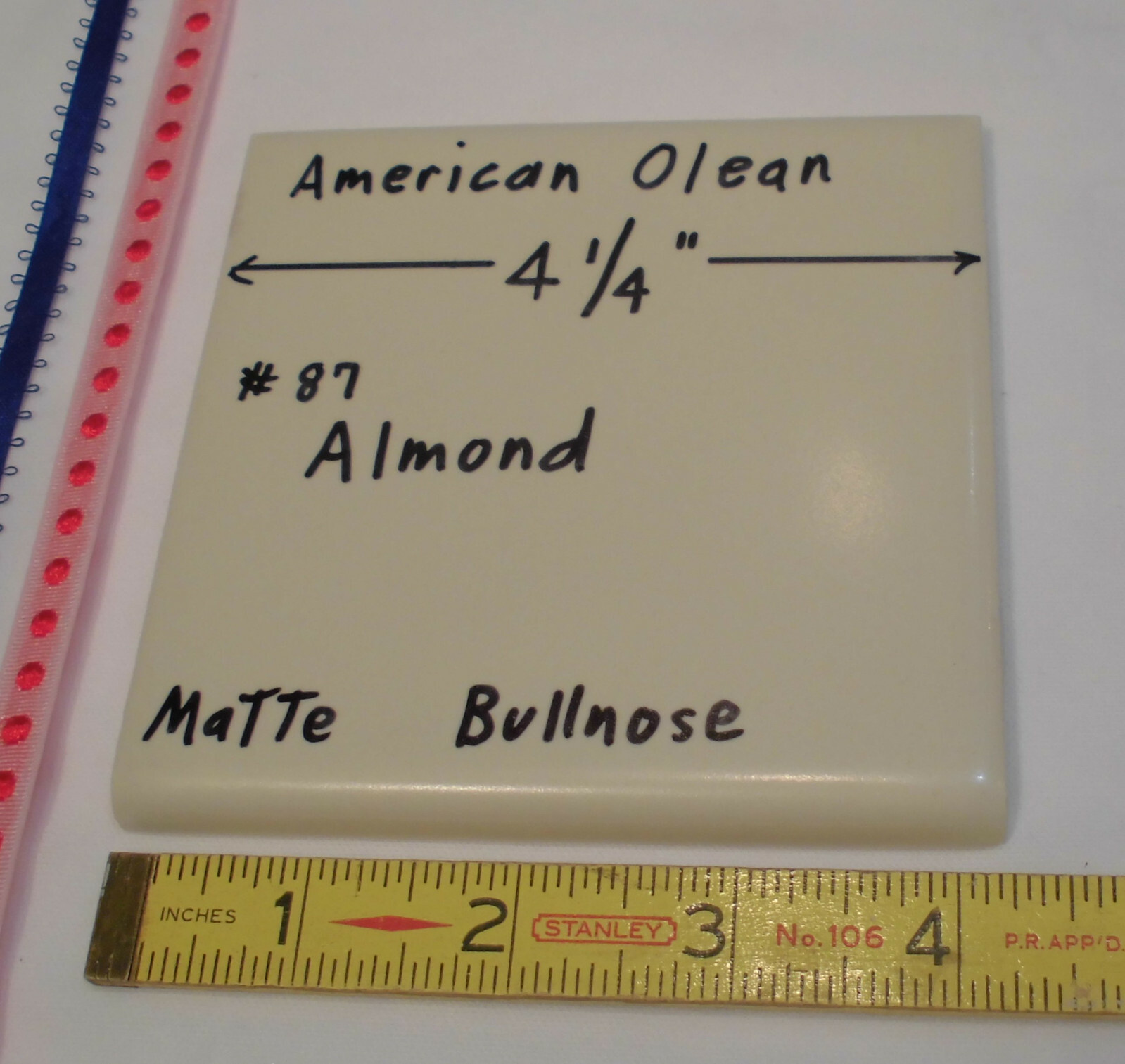 1 pc. *Matte Almond #87* Ceramic Tile Bullnose by American Olean 4-1/4″ New
