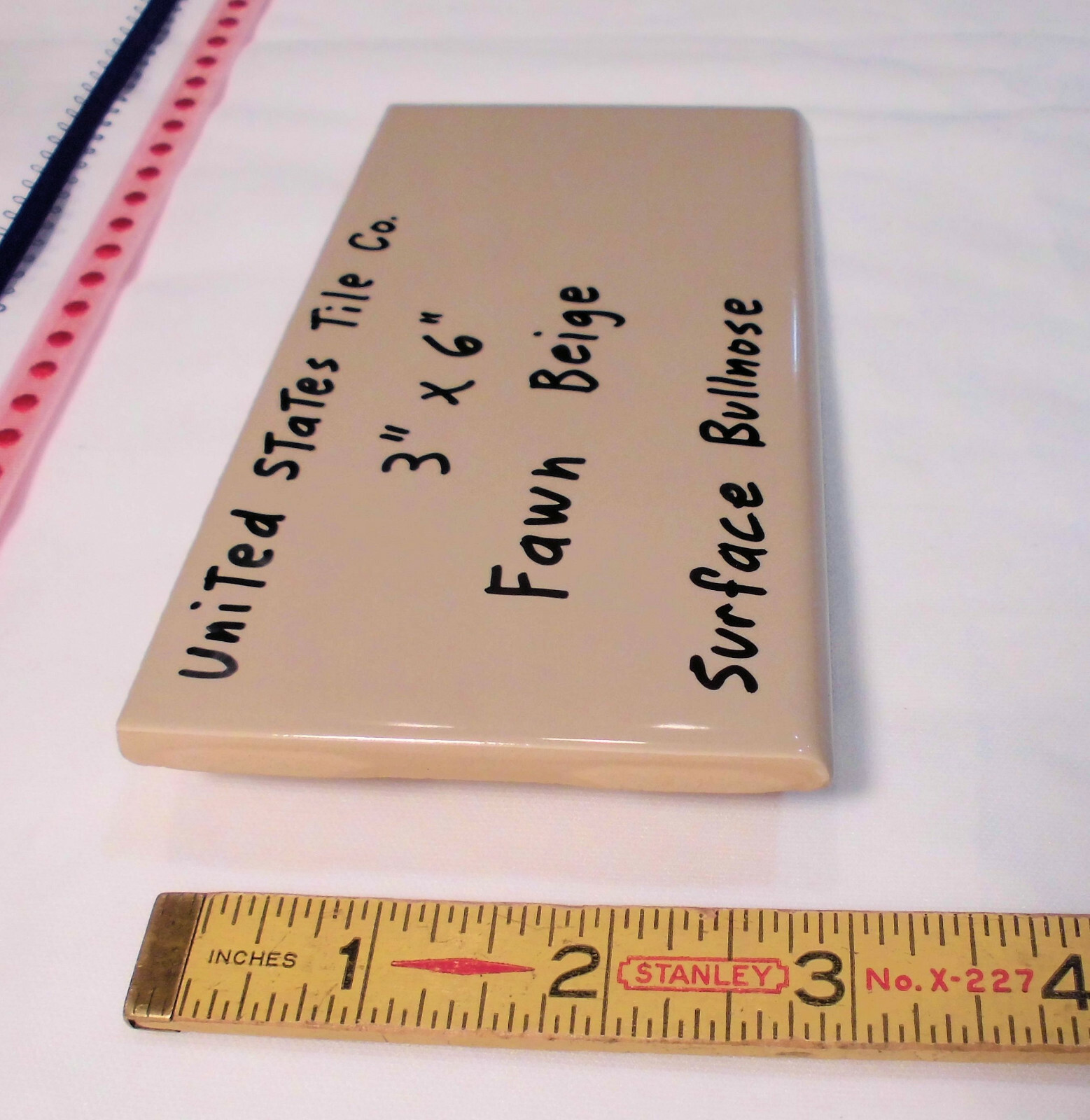 1 pc. Fawn Beige: 3″ X 6″ Glossy Bullnose Ceramic Tile: New Stock, Made USA