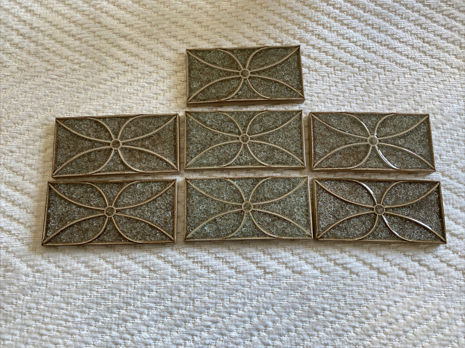 7 Crackle Glass Ceramic Green/ Brown Flower Tiles 3”x6”