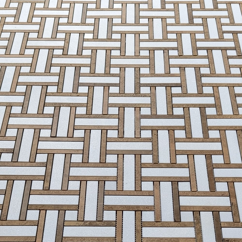 T66A8XH Thassos White Marble Twine Basketweave Mosaic Tile Yellow Woodgrain