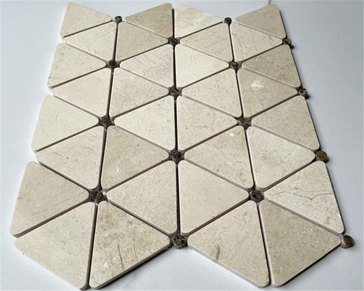 M854P Crema Marfil Marble Triangle Mosaic Tile Emperador Dark Dots Polished