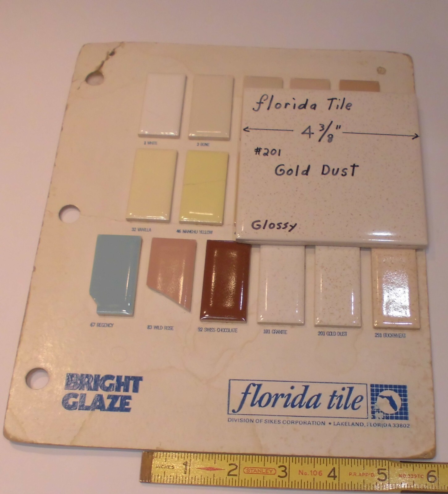 1 pc. Gold Dust: 4-3/8″ Glossy Ceramic Tile by Florida Tile Co. NOS, Speckled