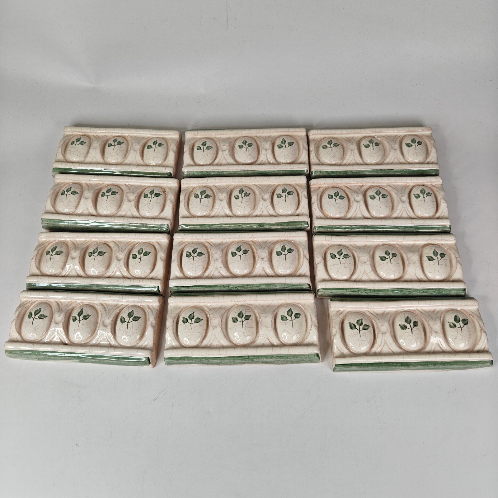 Lot 12 Vintage Embossed Border Terracotta Tile Cream Crackle Green Leaf 6×2.75″