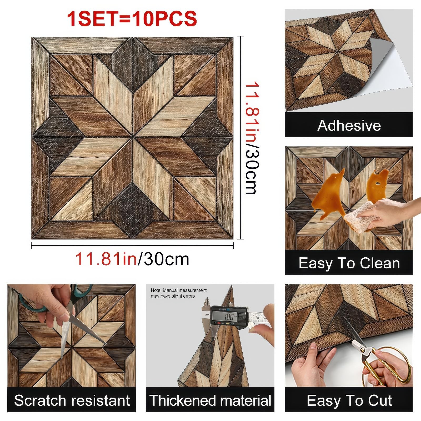 10PCS 12×12 Inch Rustic Wood Grain Look Peel and Stick Floor Tiles Removable …