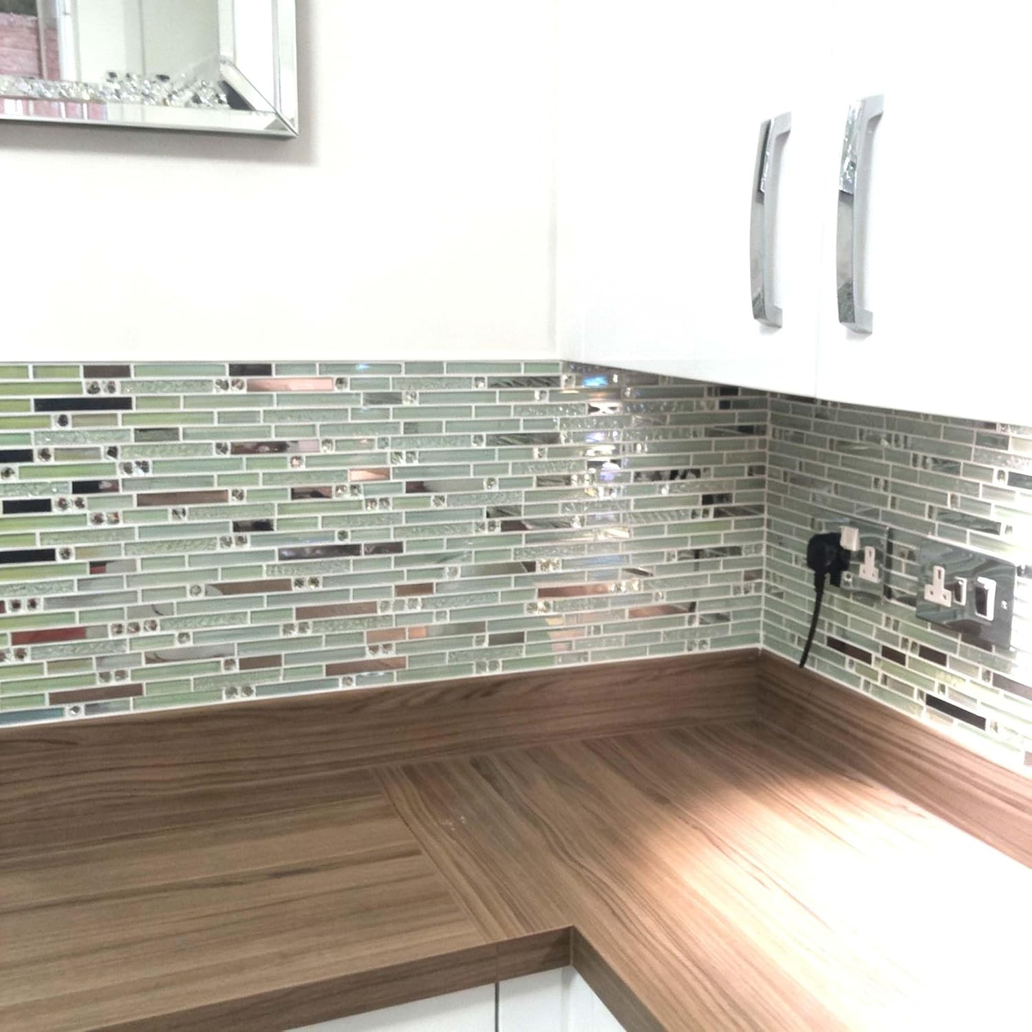 Iridescent White Silver Glass Tile Backsplash for Kitchen & Bath 5 Sq Ft