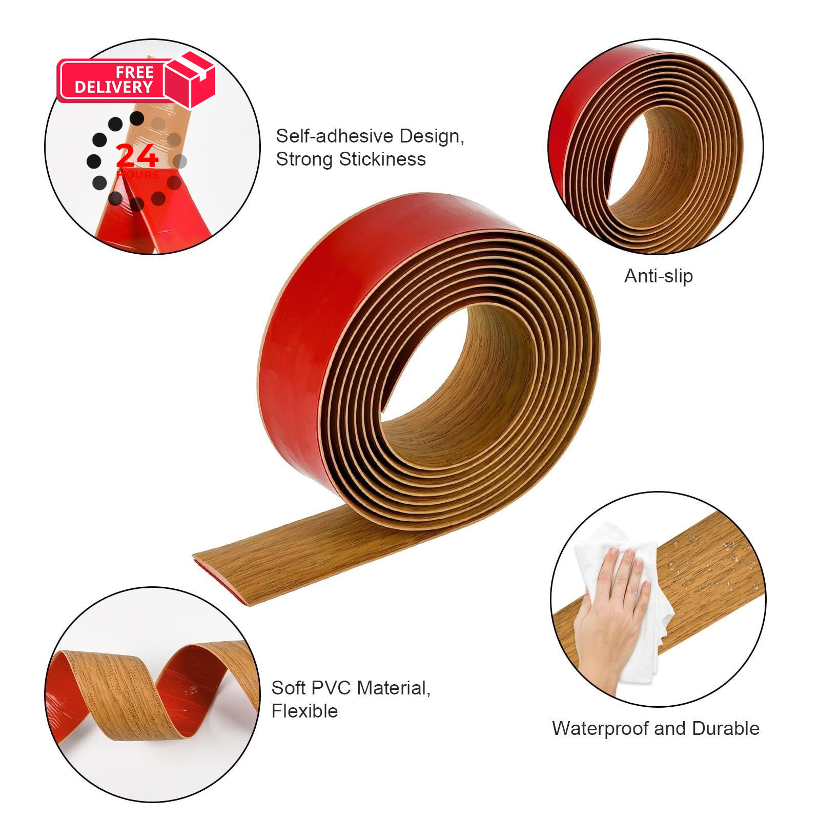 Vinyl Floor Transition Strip, Self Adhesive 3.28Ft, Light Brown Wood Grain