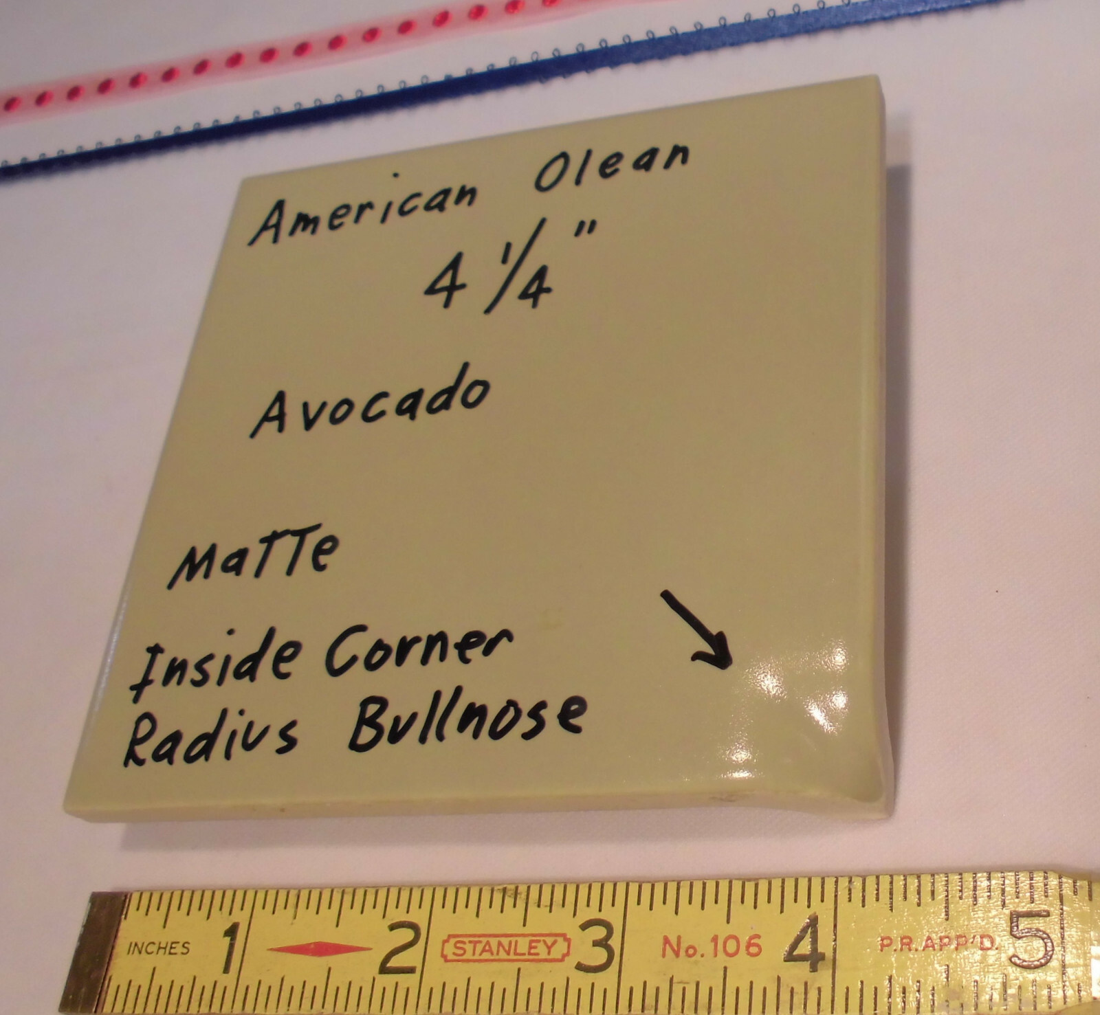 Avocado Green: Matte Radius Inside Corner Bullnose Ceramic Tile 4-1/4″ A.O.