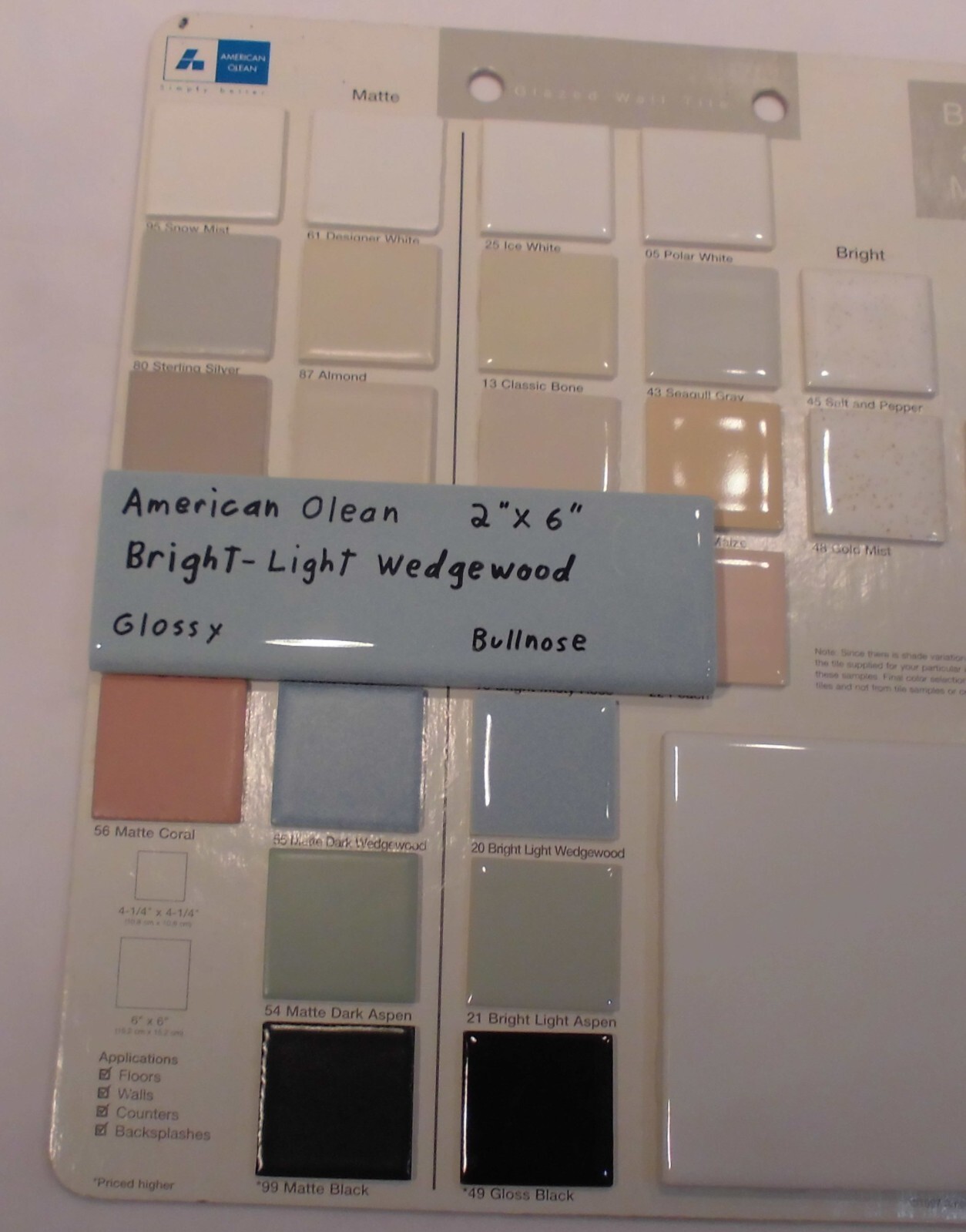 1 pc. Ceramic Bullnose Tile 2” X 6” Light Bright Wedgewood Blue: American Olean