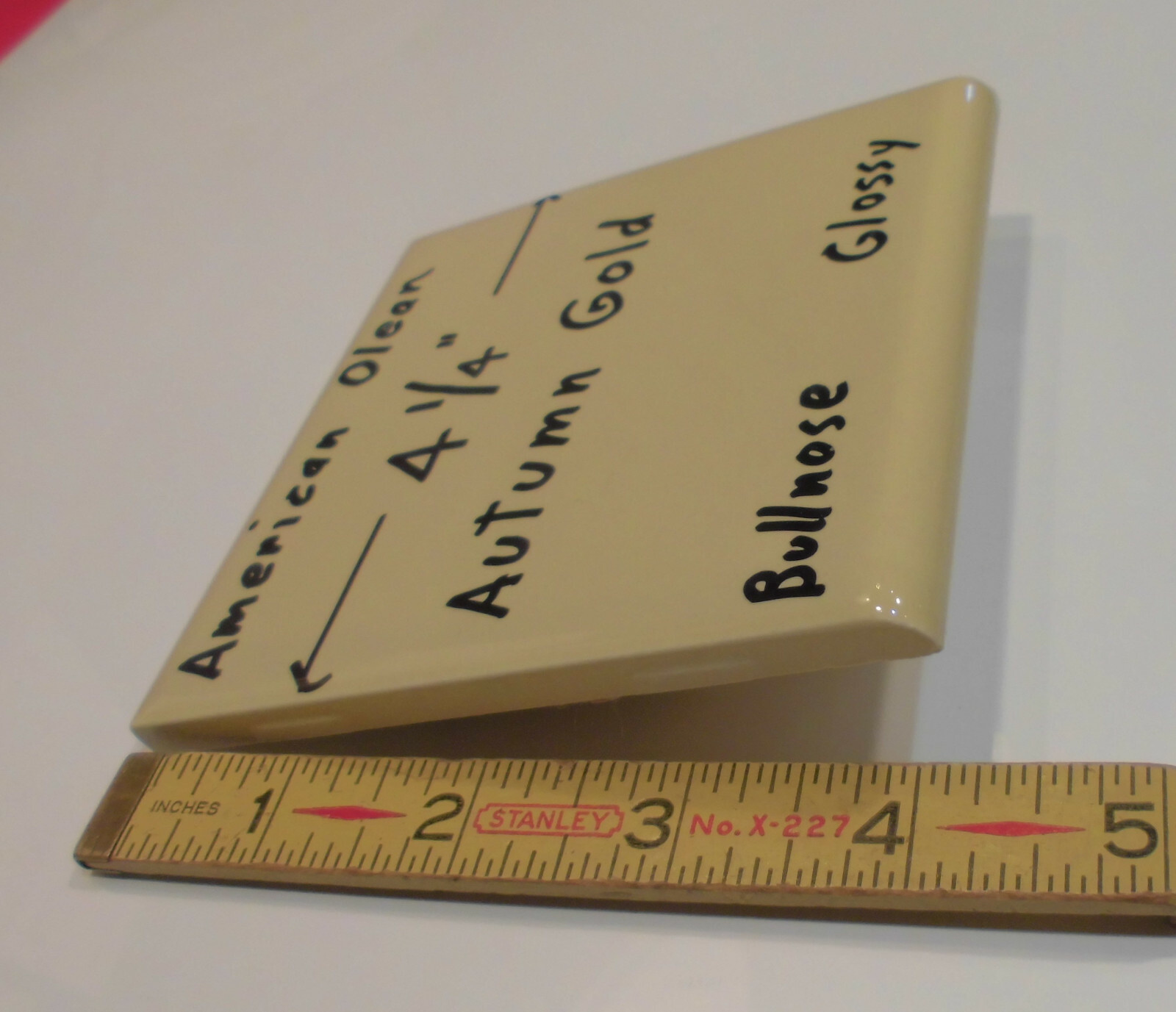 1 pc. Vintage Glossy Ceramic Bullnose Tile 4-1/4” *Autumn Gold-Yellow* By A. O.