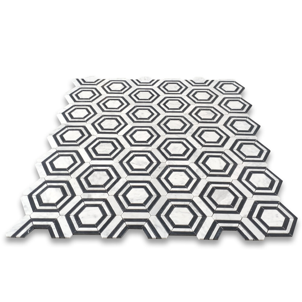 C33AXH Carrara White Marble Strip Hexagon Georama Geometric Mosaic Tile Honed