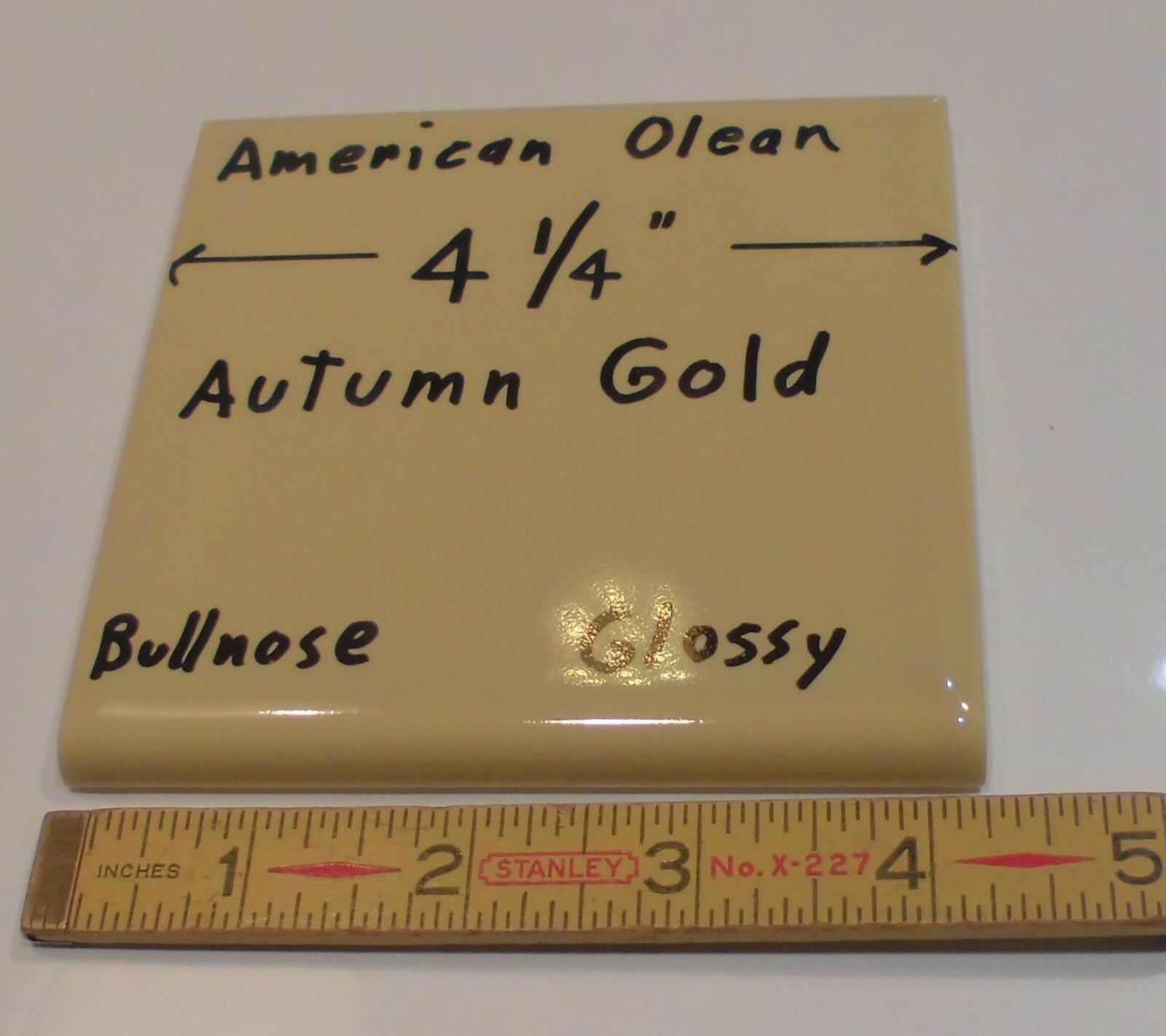 1 pc. Vintage Glossy Ceramic Bullnose Tile 4-1/4” *Autumn Gold-Yellow* By A. O.