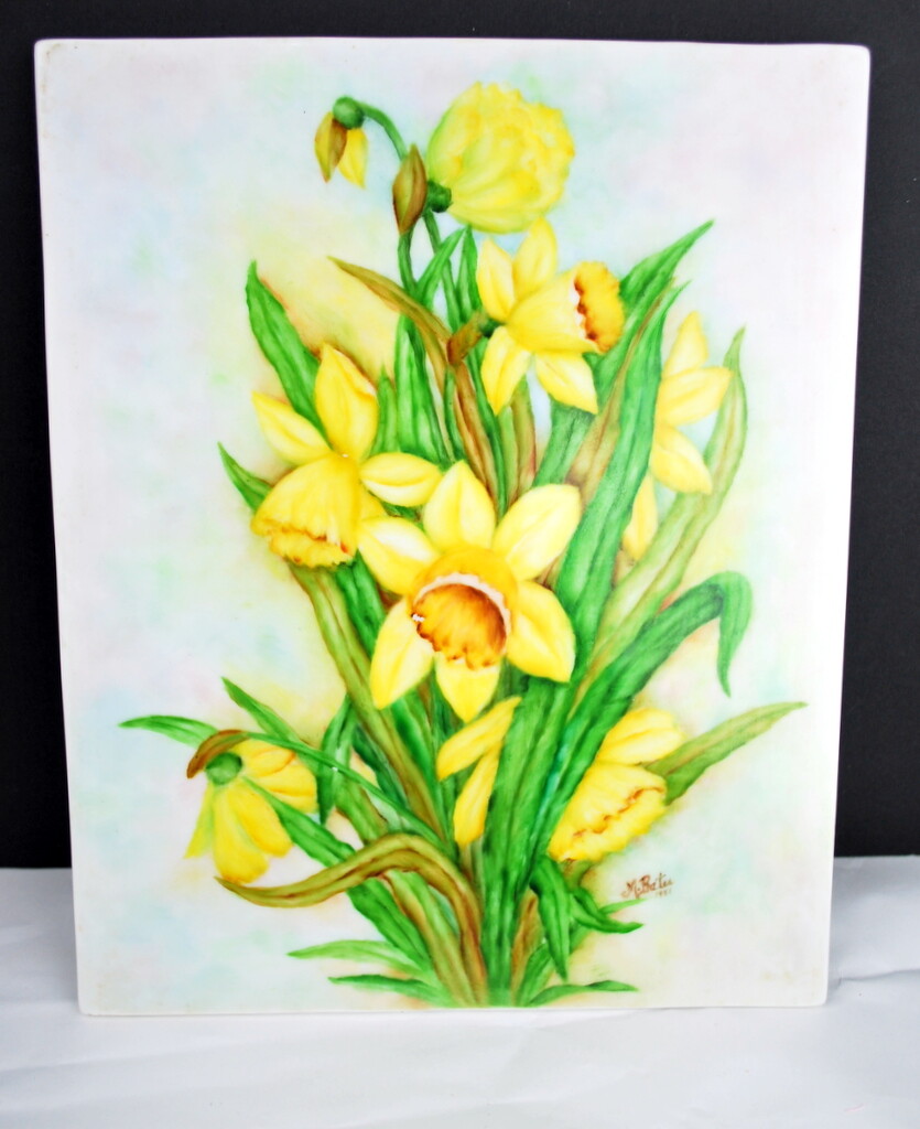 Pretty Jonquil Buttercup Hand Painted Tile 8 1/4″ X 10 1/8″ Yellows Greens