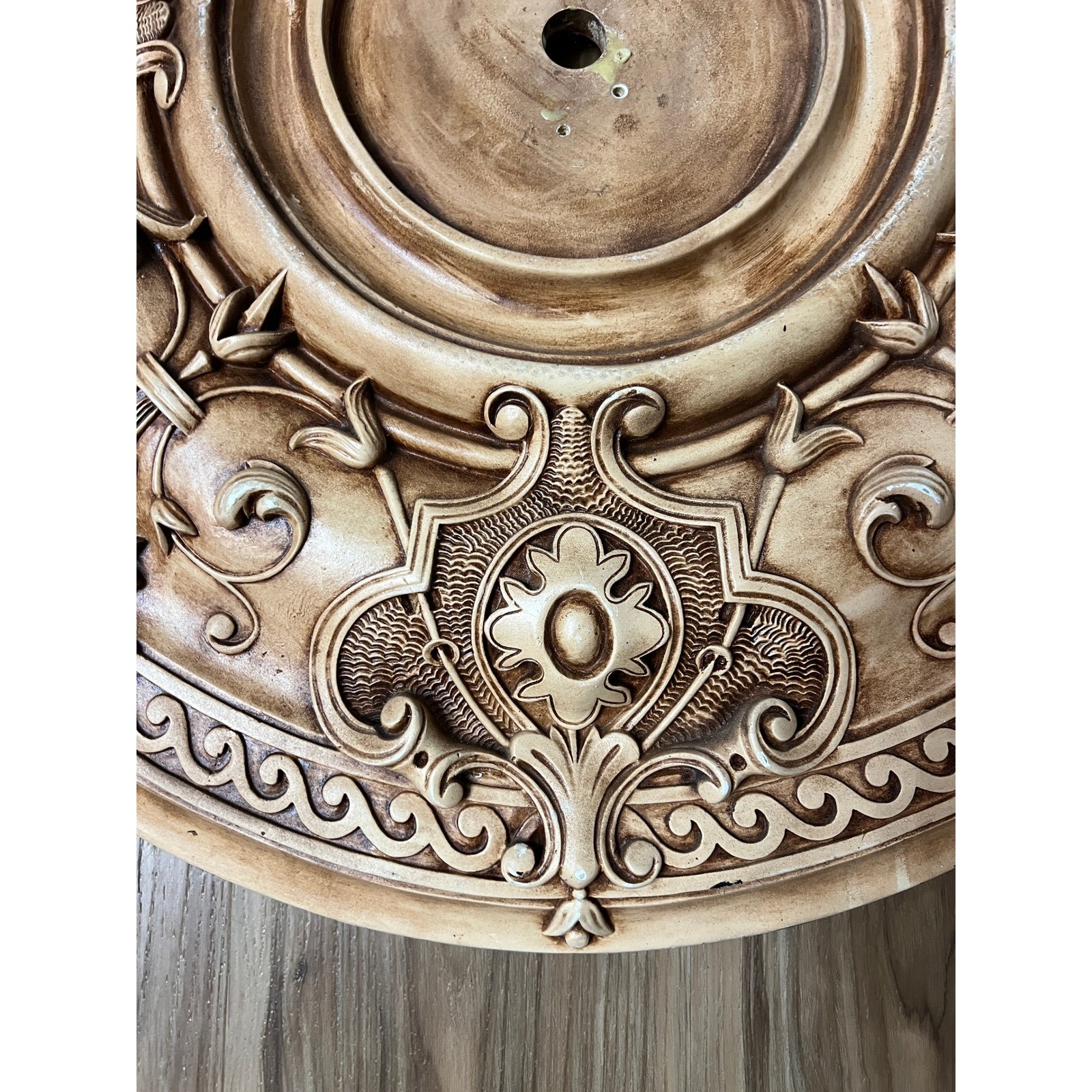 Ornate Ceiling Medallion Rose Flower Design Wood Look Resin Decor 24 Inch