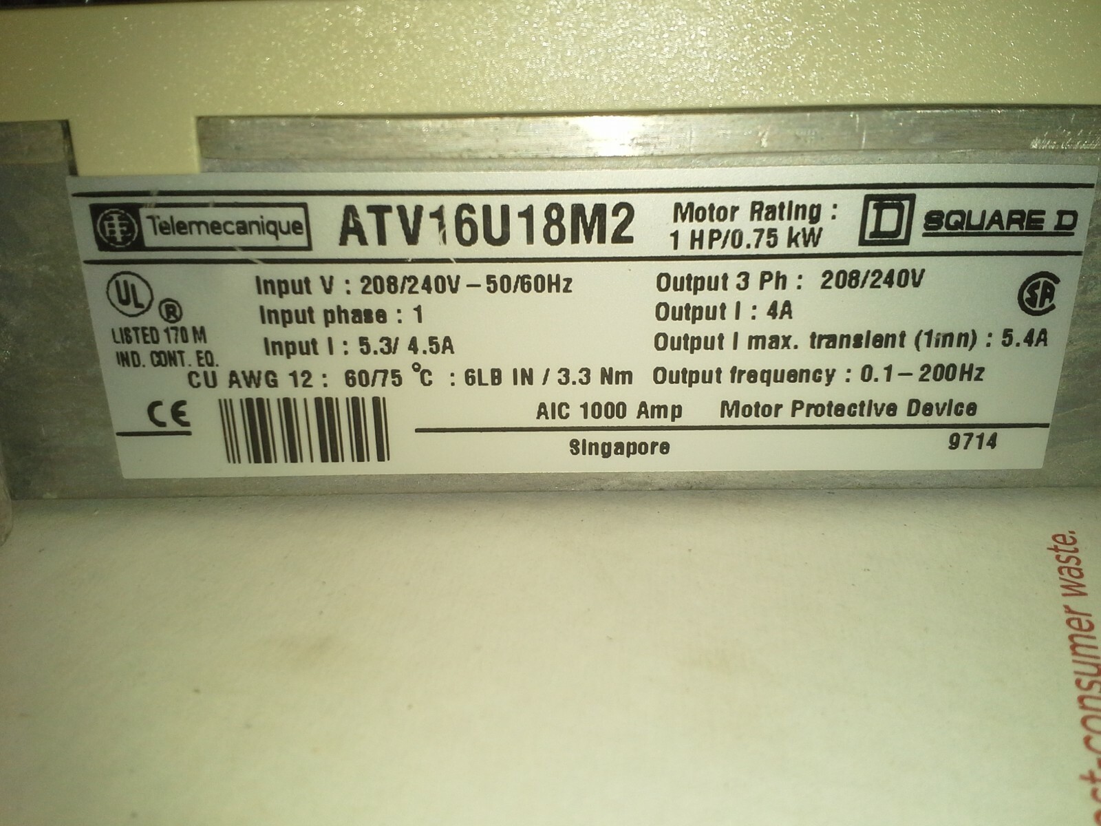 ATV16U18M2 TELEMECANIQUE VFD SQUARE D REMOVED WORKING SVC ELECTRONICS NO4
