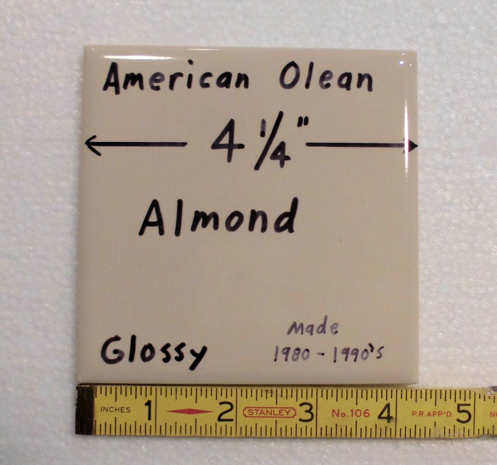 1 pc. Vintage Almond: 4-1/4″ Ceramic Tile by American Olean Co. New Old Stock