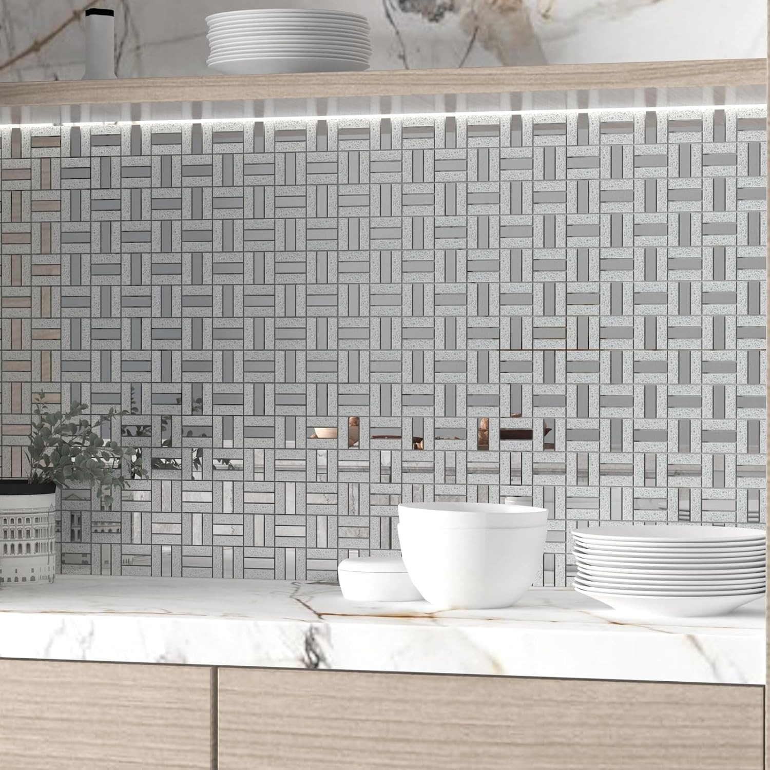 Silver Crystal Diamond Mirror Mosaic Tiles for Kitchen & Bathroom (6 Sheets)