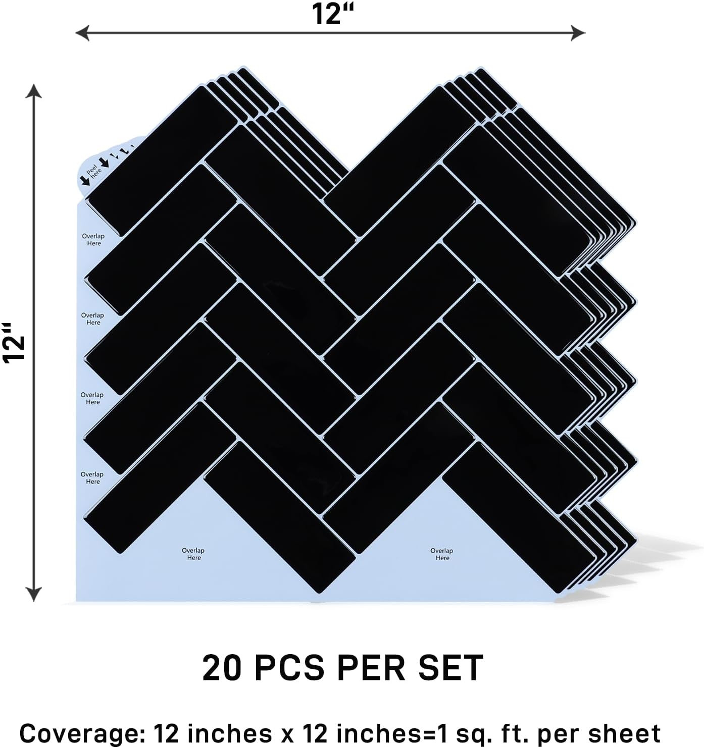 20 Sheets Black Herringbone Peel and Stick Backsplash Tiles 12″x12