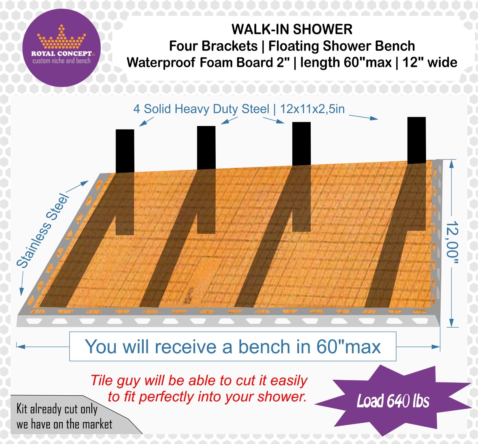 WALK-IN SHOWER 4 Brackets | Floating Shower Bench KERDI-BOARD 2”| L 60 x W16 in