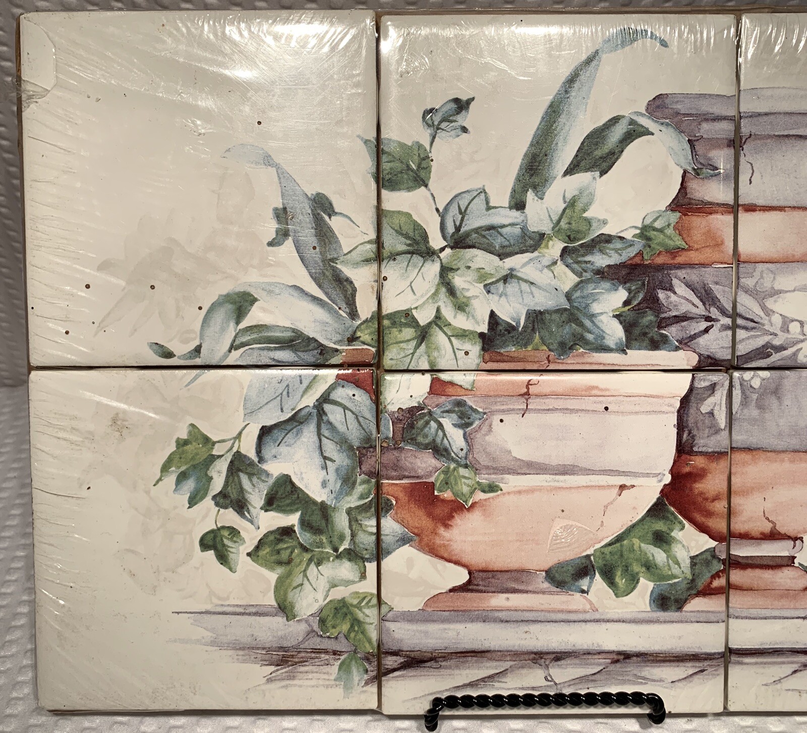 13” X 8 1/2”CERAMIC ” TERRACOTTA & IVY POTS”ON GLOSSY WHITE WALL TILE Mosaic~BN
