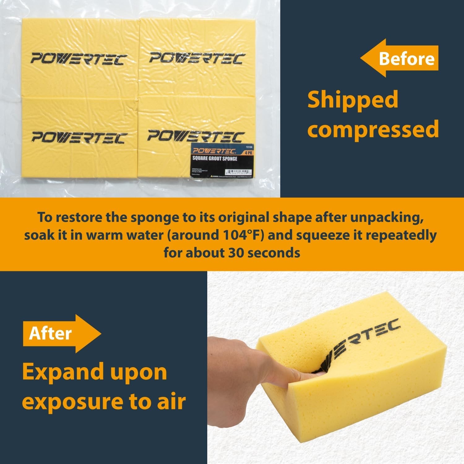 POWERTEC Large Square Grout Sponge Professional Tile Grout Removal Cleaning
