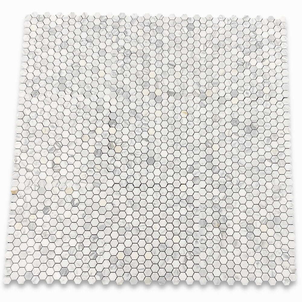 L31XH 1″ Hexagon Statuary Statuario White Italian Marble Mosaic Tile Honed