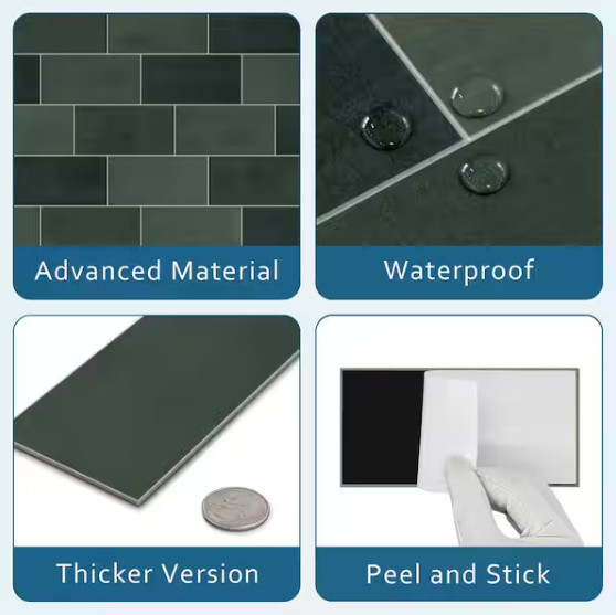 Sunwings Green Peel & Stick Backsplash Wall Tile 6×3 Handmade Look 100-Pack