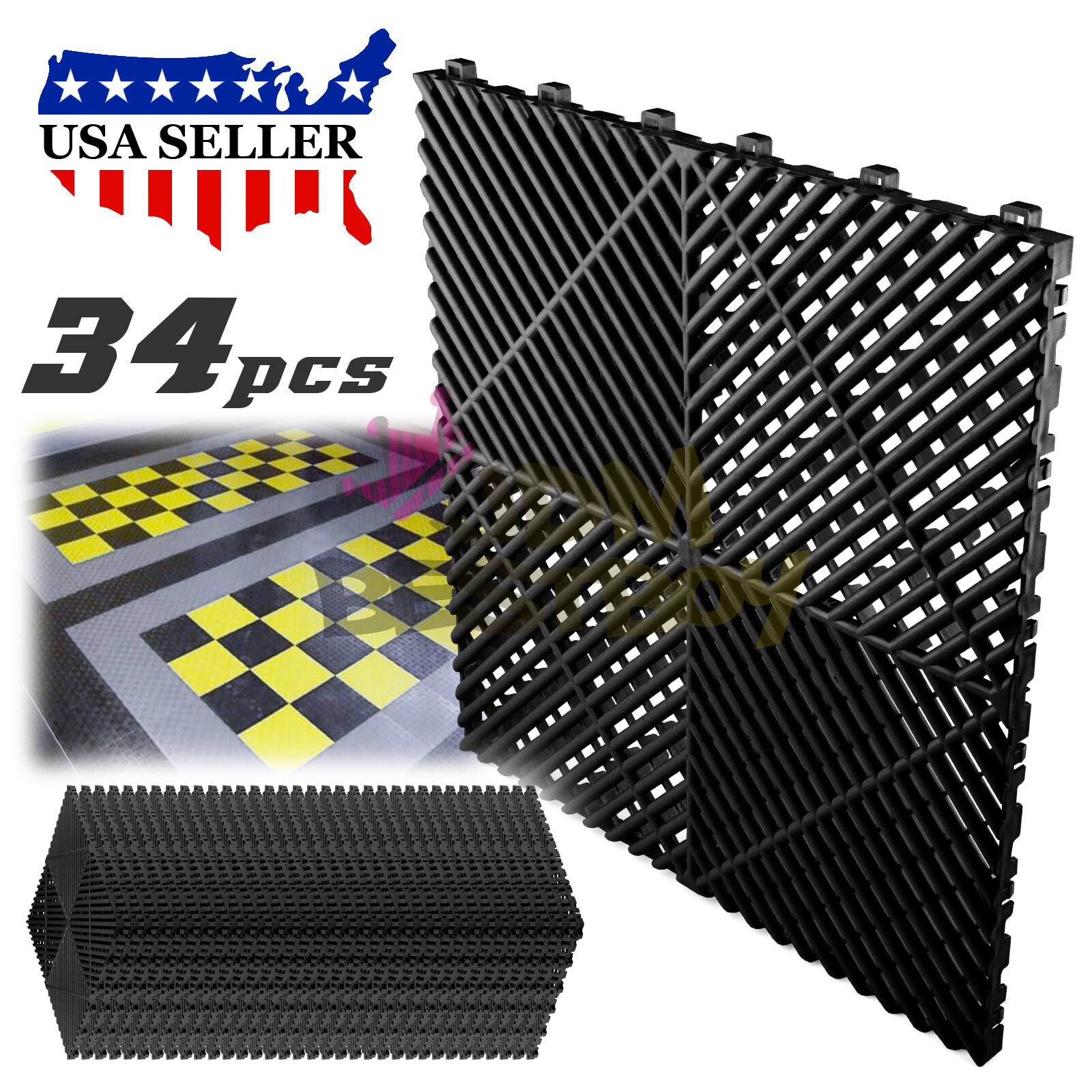 34pcs 16″x16″ Garage Floor Mat Perforated Flooring Tile Auto Shop Interlocking