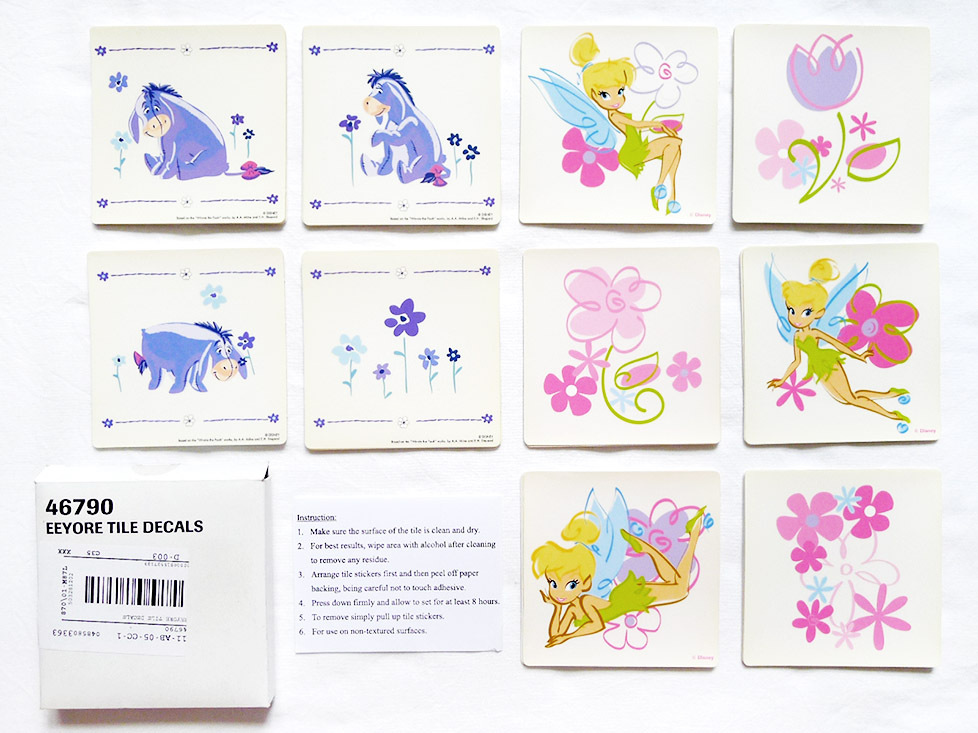 NEW IN BOX LOT 42 Pc DISNEY EEYORE & TINKERBELL TILE DECAL/Stickers 3.75 x 3.75