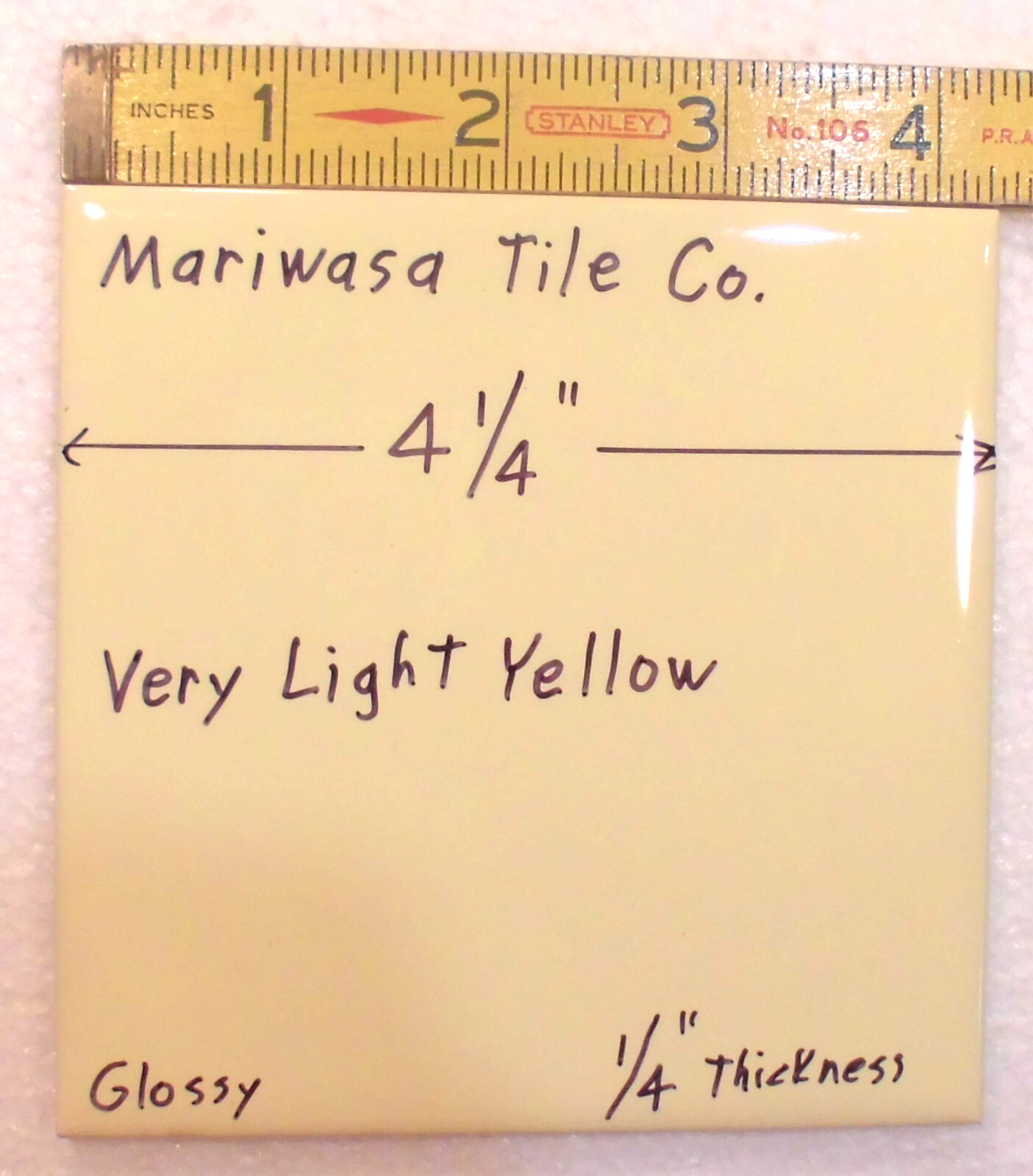 1 pc. Very Light Yellow: 4-1/4″ Glossy Ceramic Tile, 1/4″ Thick, by Mariwasa Co.