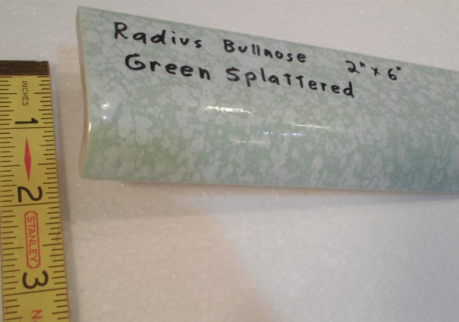 1 pc. “Pale Green Splattered” Ceramic Tile: 2″ X 6″ Glossy Radius Bullnose: NOS