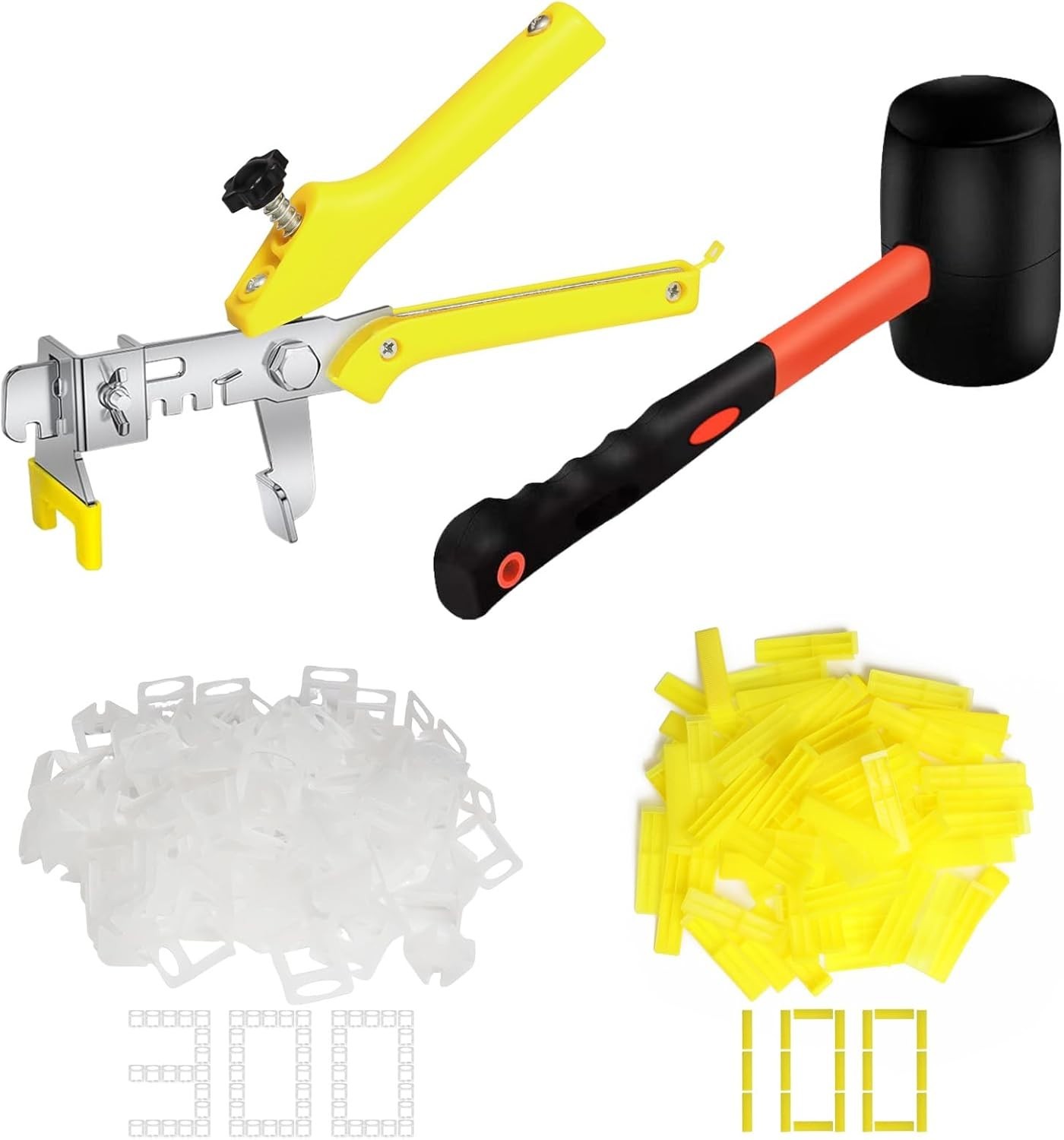 Tile Leveling System with Tile Pliers and Hammer – 300 Piece Tile Spacers Cli…