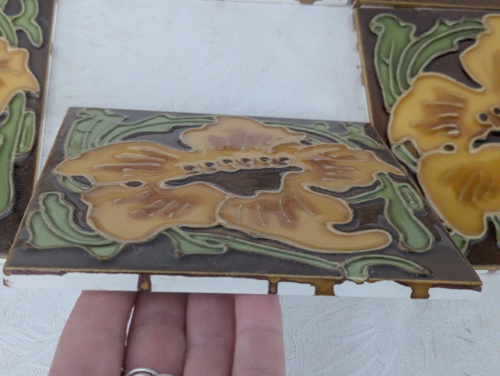 Set of 4 Glazed Ceramic 6″ Square Flower Tiles Art Nouveau Style