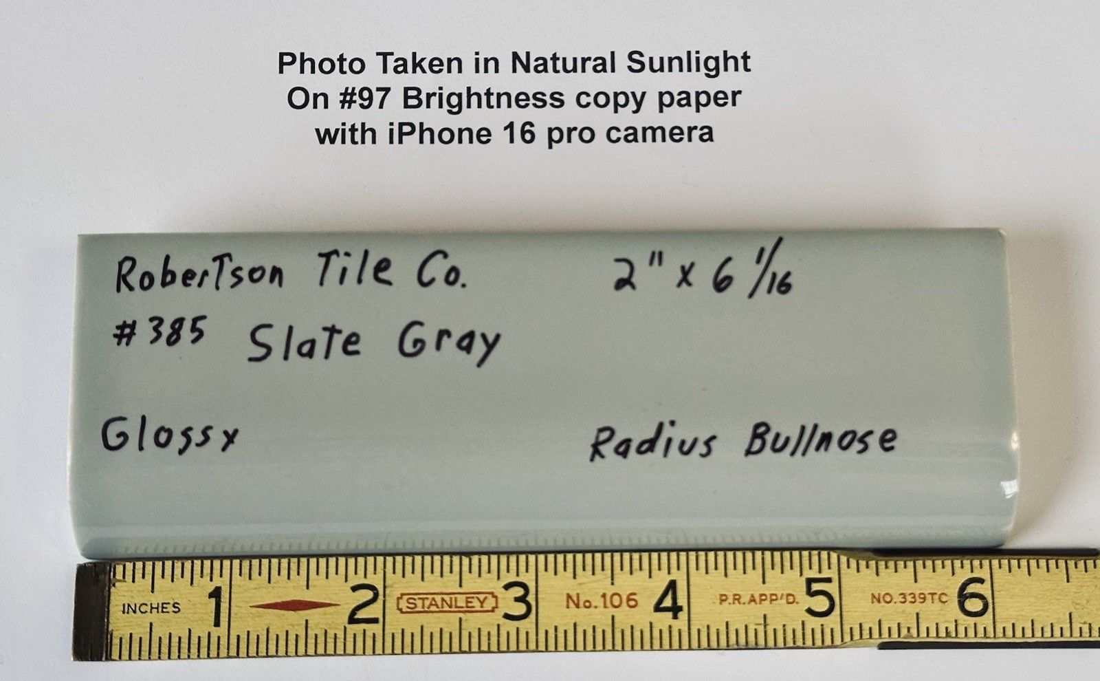 1 pc. Vintage *Slate Gray* Ceramic Tile; 2″ X 6″ Radius Bullnose: by Robertson