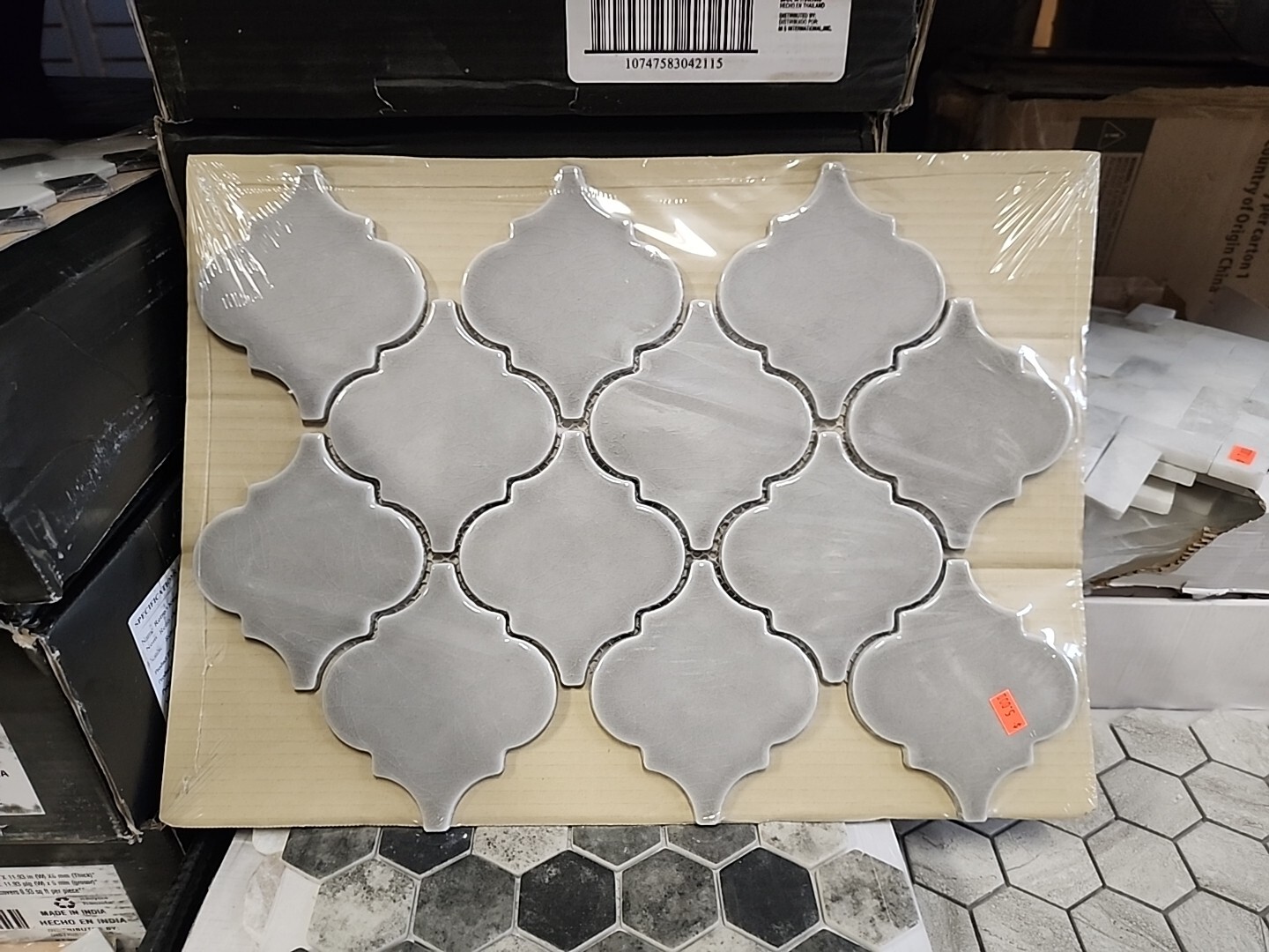 Dove Gray Arabesque 15.5 In (L) x 10.83 In (W) x 8 mm Glossy Ceramic Mesh Mosaic