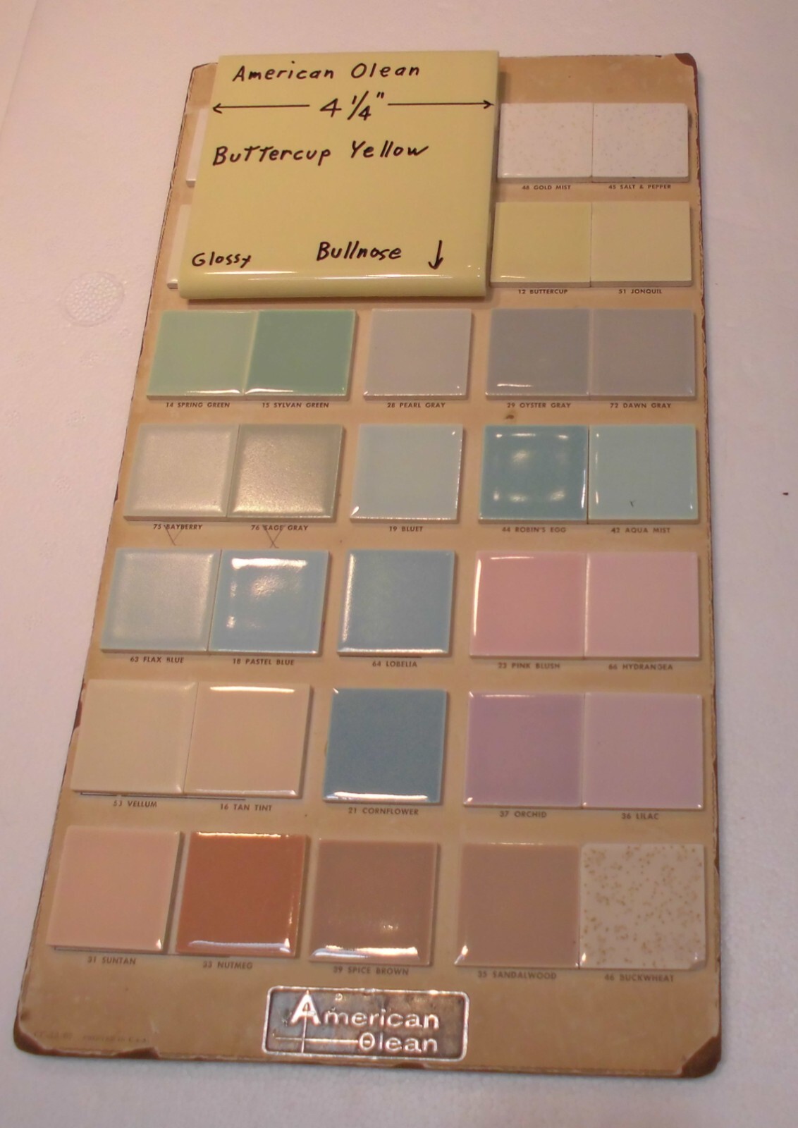 1 pc. Buttercup Yellow: 4-1/4″ Glossy BULLNOSE Ceramic Tile: American Olean, NOS