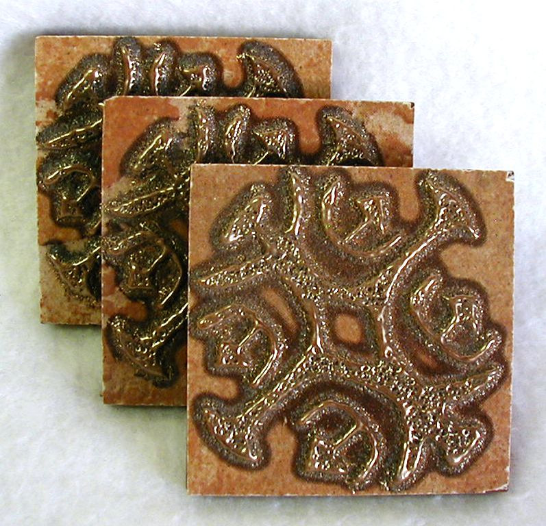 NEW 3 Small Decorative Tiles Red Clay Goldtone Design 2-3/4×2-3/4″ Hand Paint #2