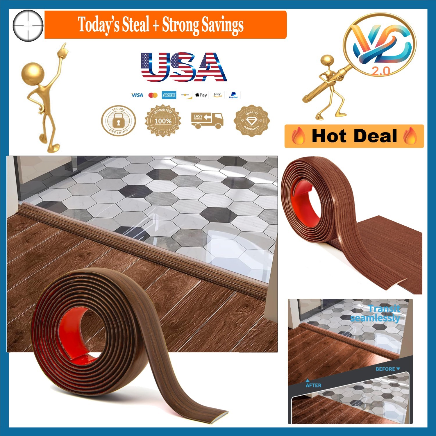 Cherry 4FT Vinyl Floor Transition Strip Self Adhesive Flat Divider for Gaps