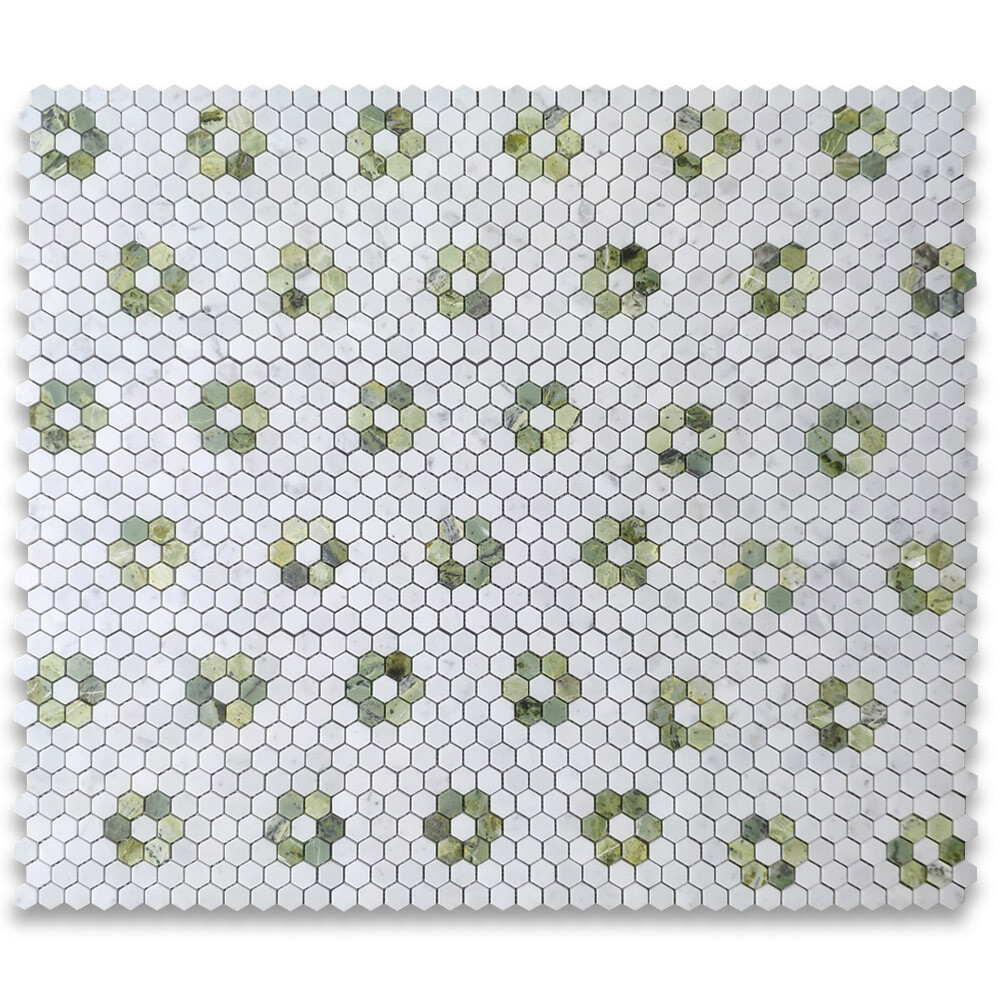 C31F12XH Carrara White Marble Hexagon Rosette Mosaic Tile Green Jade Honed