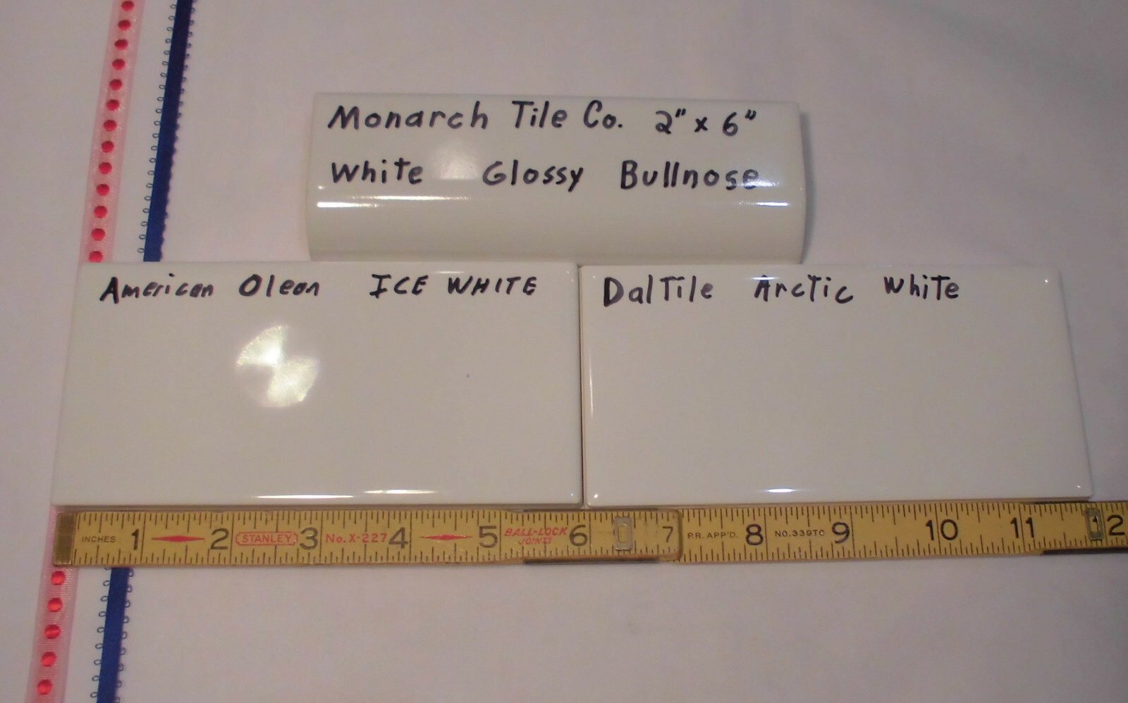 1 pc. Glossy White; 2″ X 6″ Ceramic Radius Bullnose Tile; New Mud Caps; Monarch