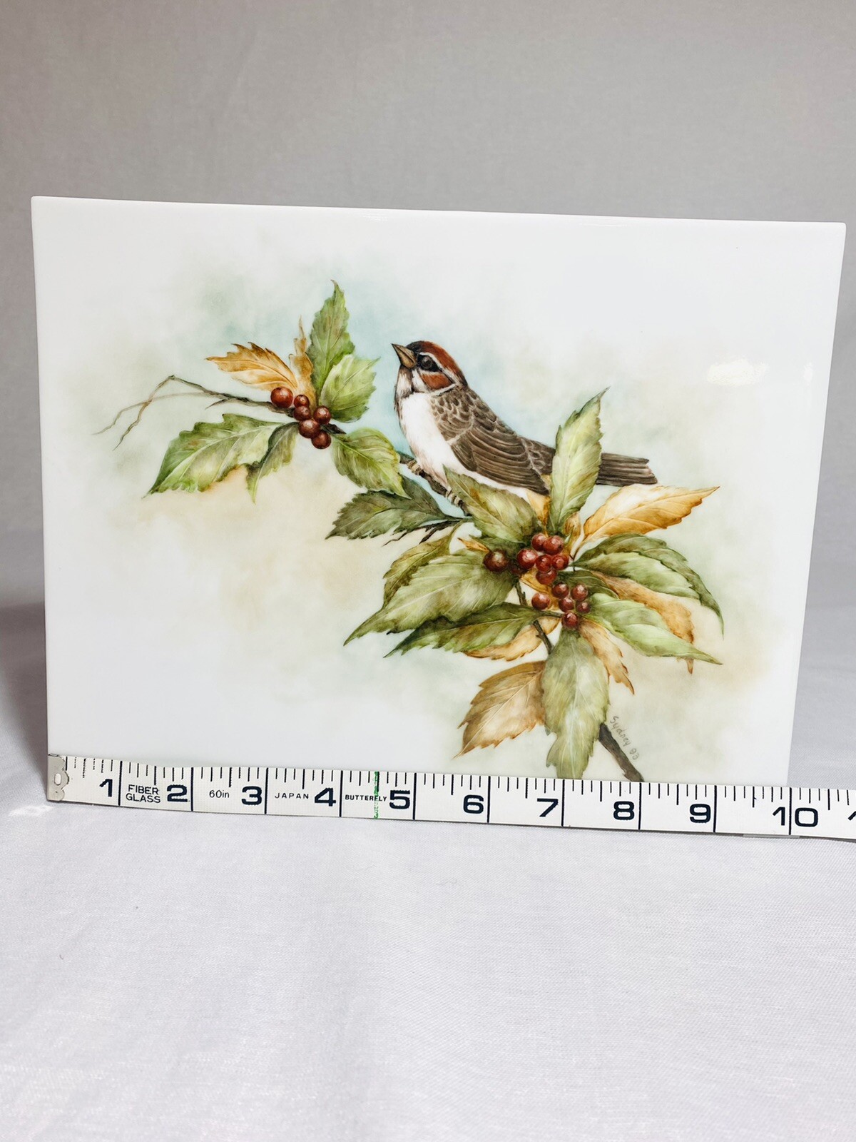 Sparrow on a Lingonberry Branch Art Border Backsplash Ceramic Craft Tile 8”x10”