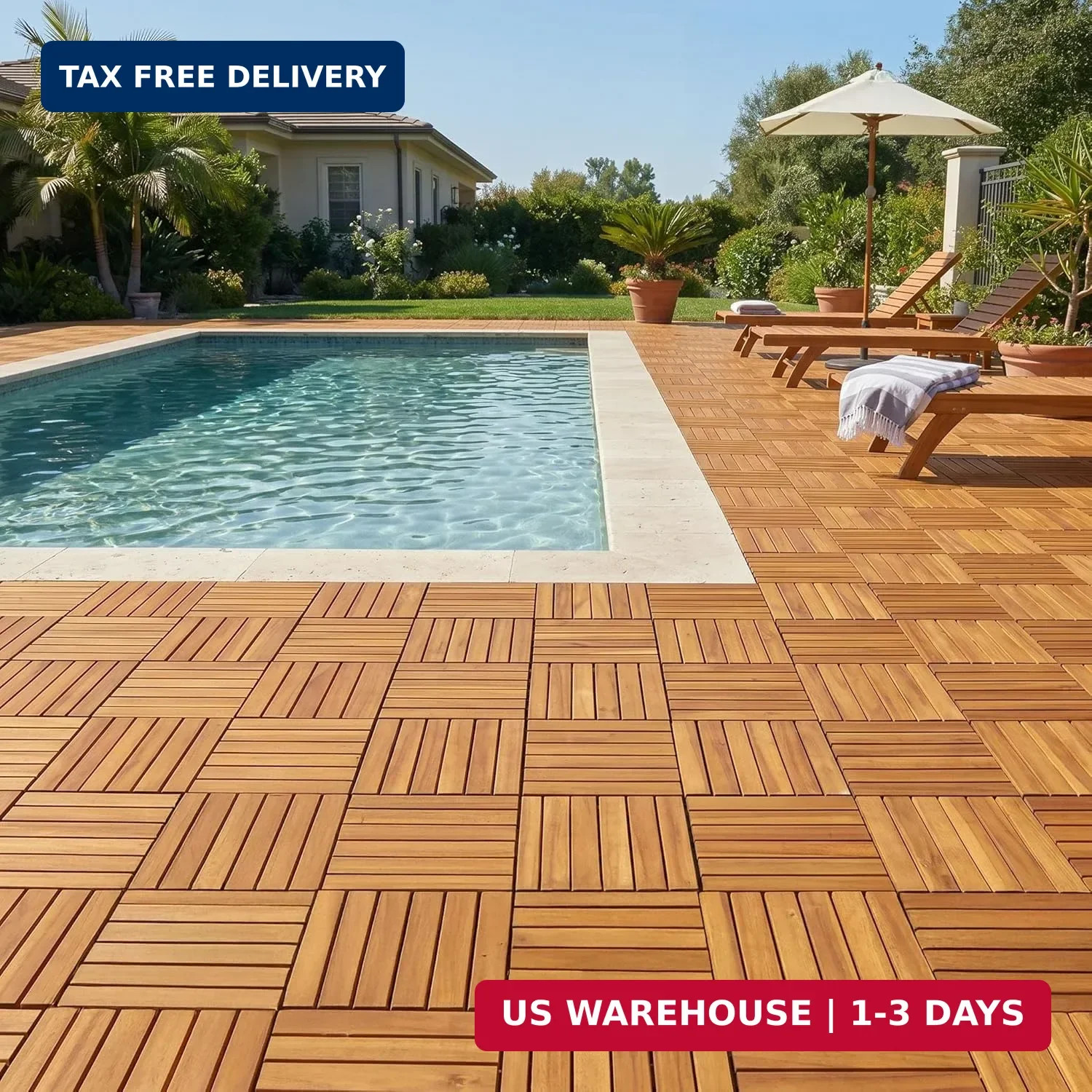 Tranquillo Interlocking Deck Tiles 12″x12″, Acacia Wood Patio Tiles, Waterproof