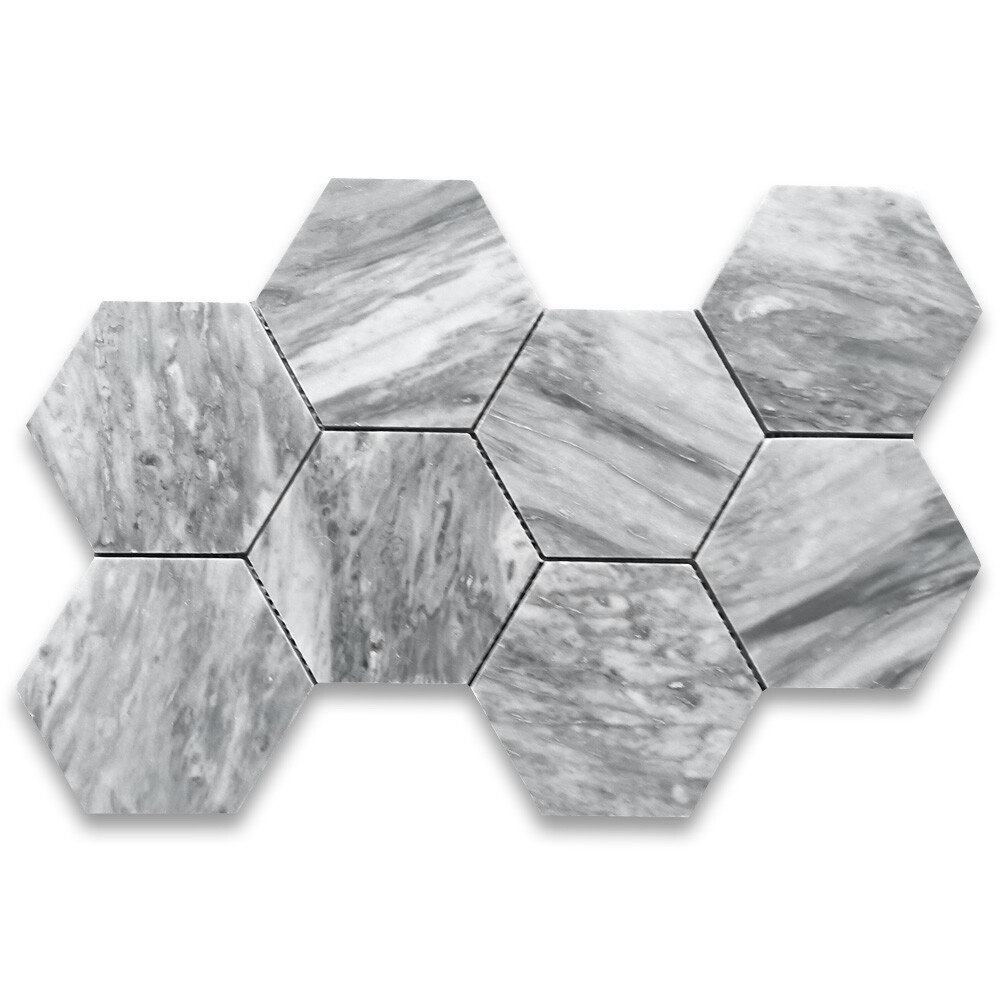 K35XH Bardiglio Gray Marble 5 inch Hexagon Mosaic Tile Honed