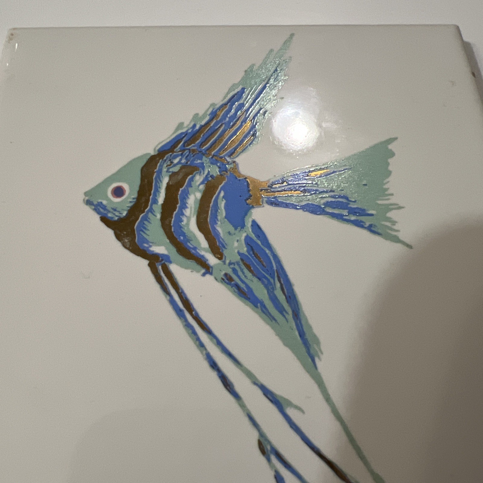 Fish Tile Decorative Angel Fish Blue & Gold With Acrylic Stand 4.25X4.25”