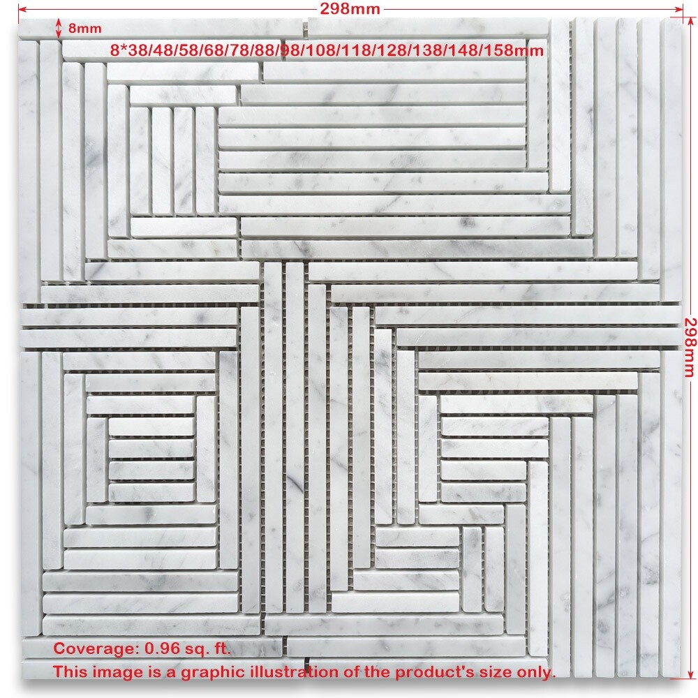 C7PXH Carrara White Marble Maze Mosaic Tile Random Linear Mixed Strip Honed