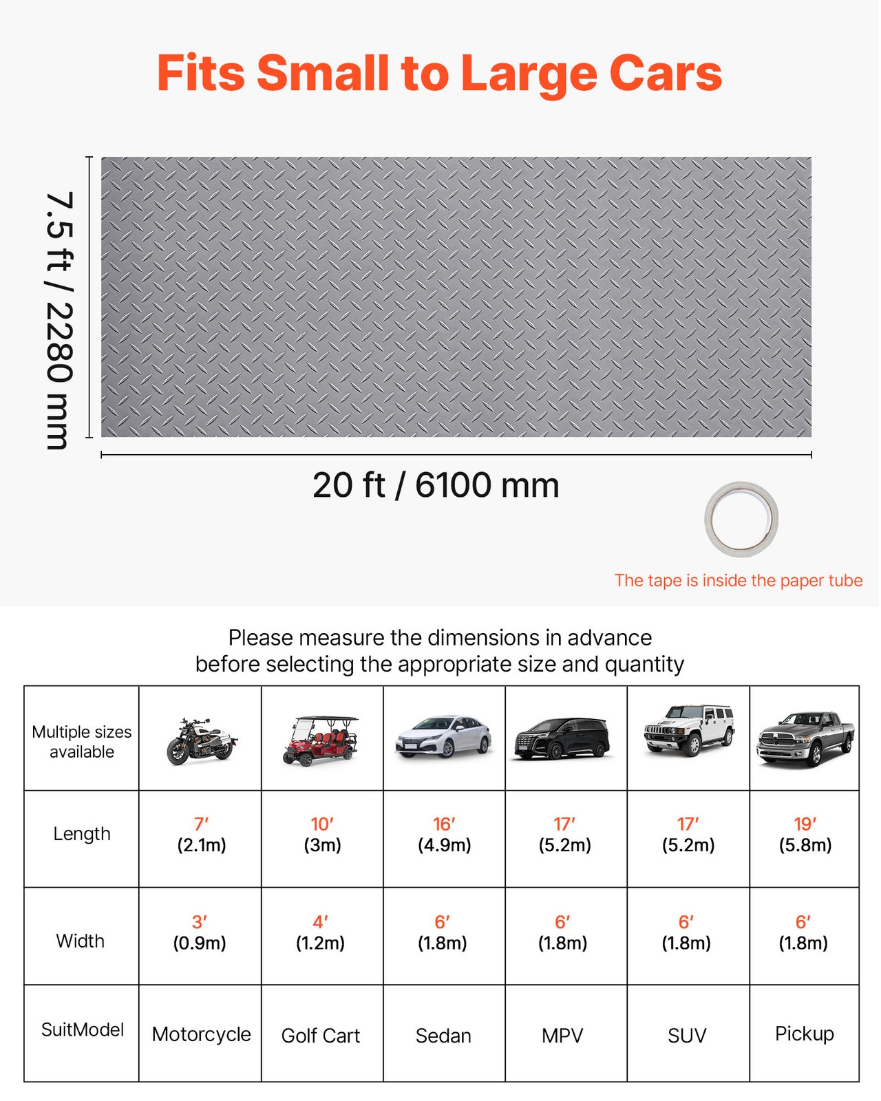 VEVOR Garage Floor Roll 7.5×20 ft PVC Diamond Mat Non-Slip Silver Gray