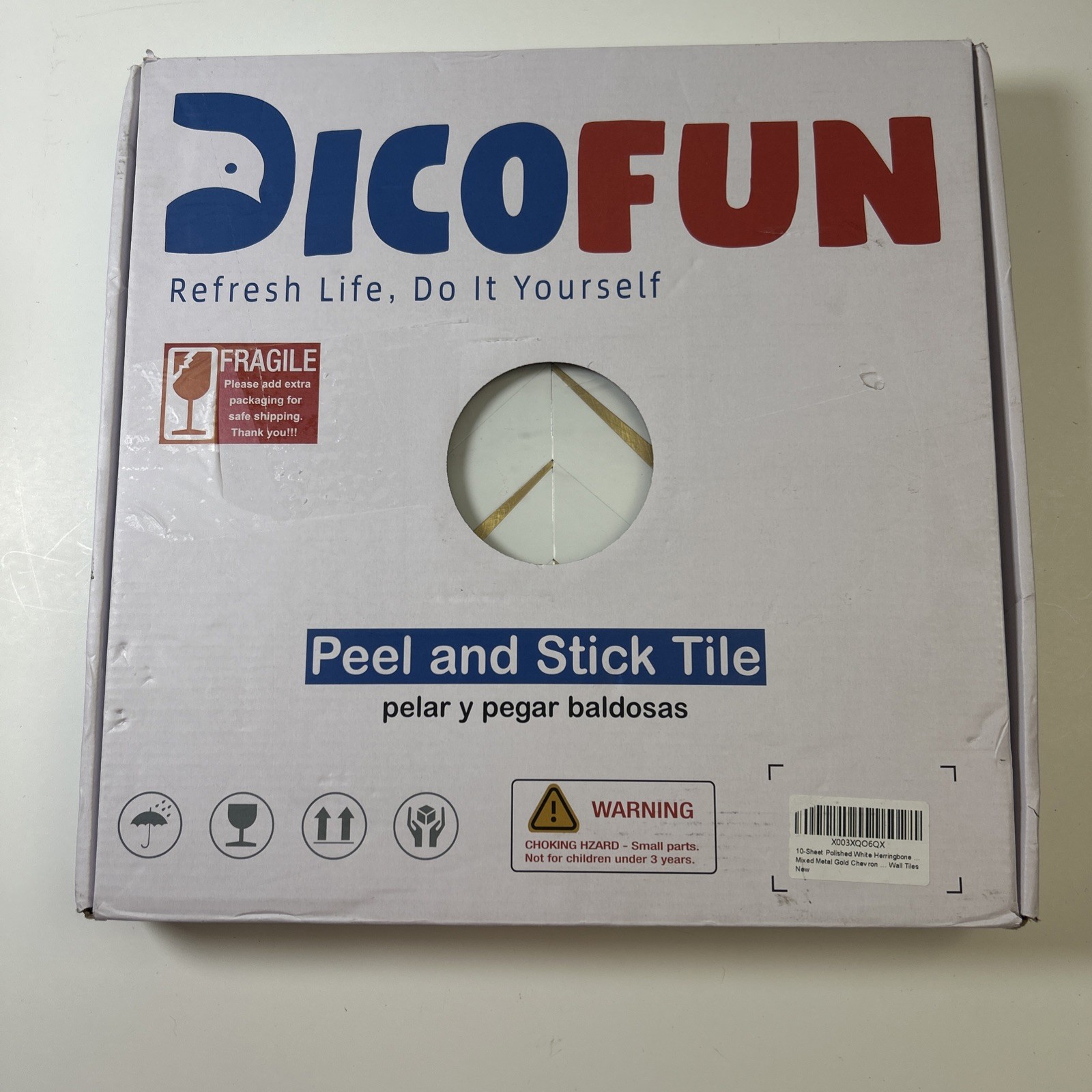DICOFUN 10-Sheet Polished White Marble Look Herringbone Peel and Stick