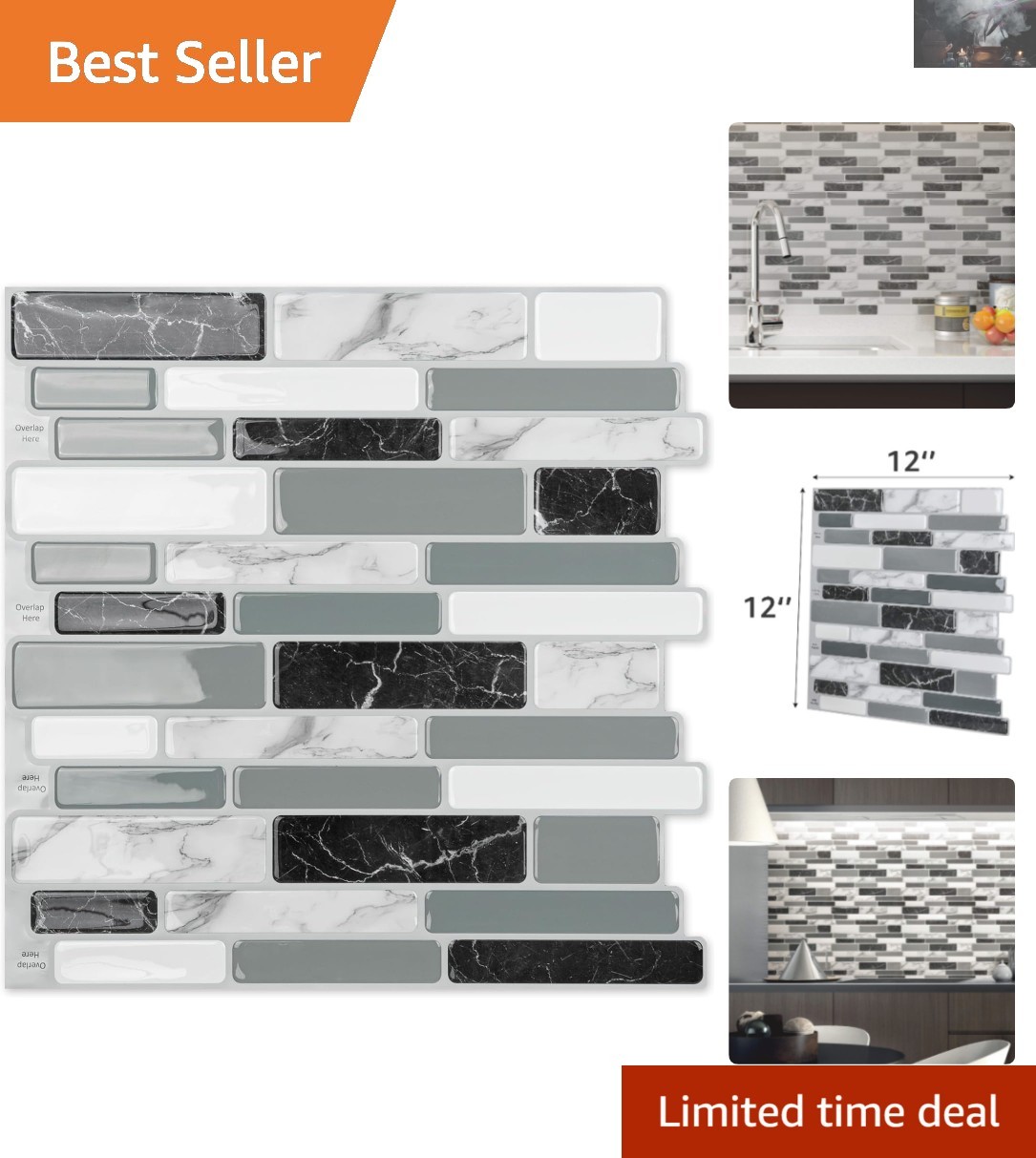 Water-Resistant Peel and Stick Tiles in Gray Marble – 10 Sheets, 12×12