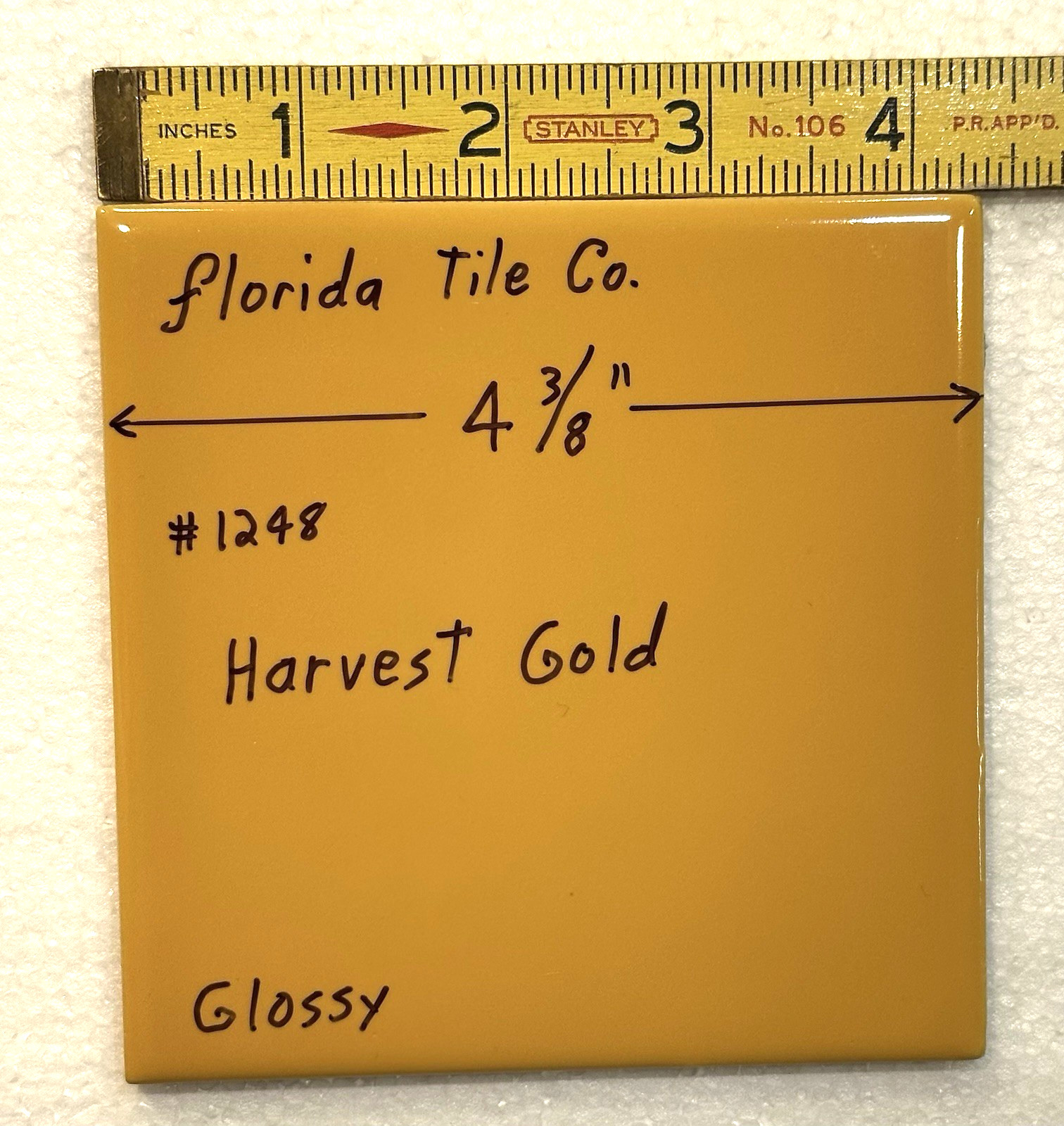 1 pc. Harvest Gold Yellow: 4-3/8″ Glossy Ceramic Tile by Florida Co. #1248 NEW